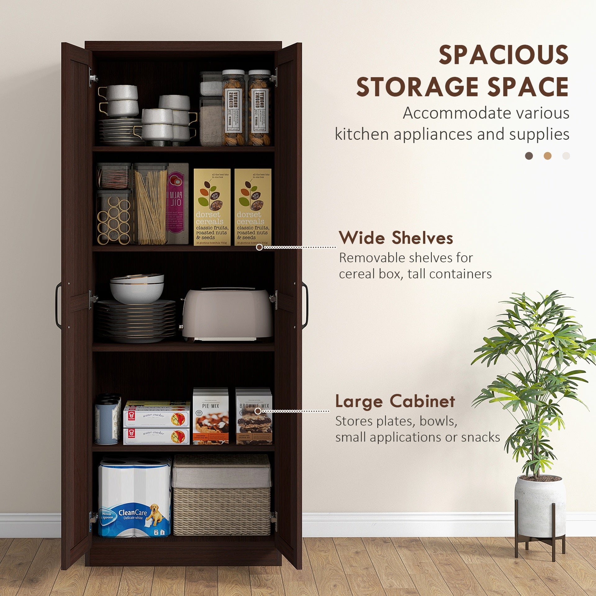 HOMCOM 63" 2-Door Kitchen Pantry, Freestanding Cabinet with 2 Adjustable Shelves for Dining Room, Cinnamon Cherry Wood Grain