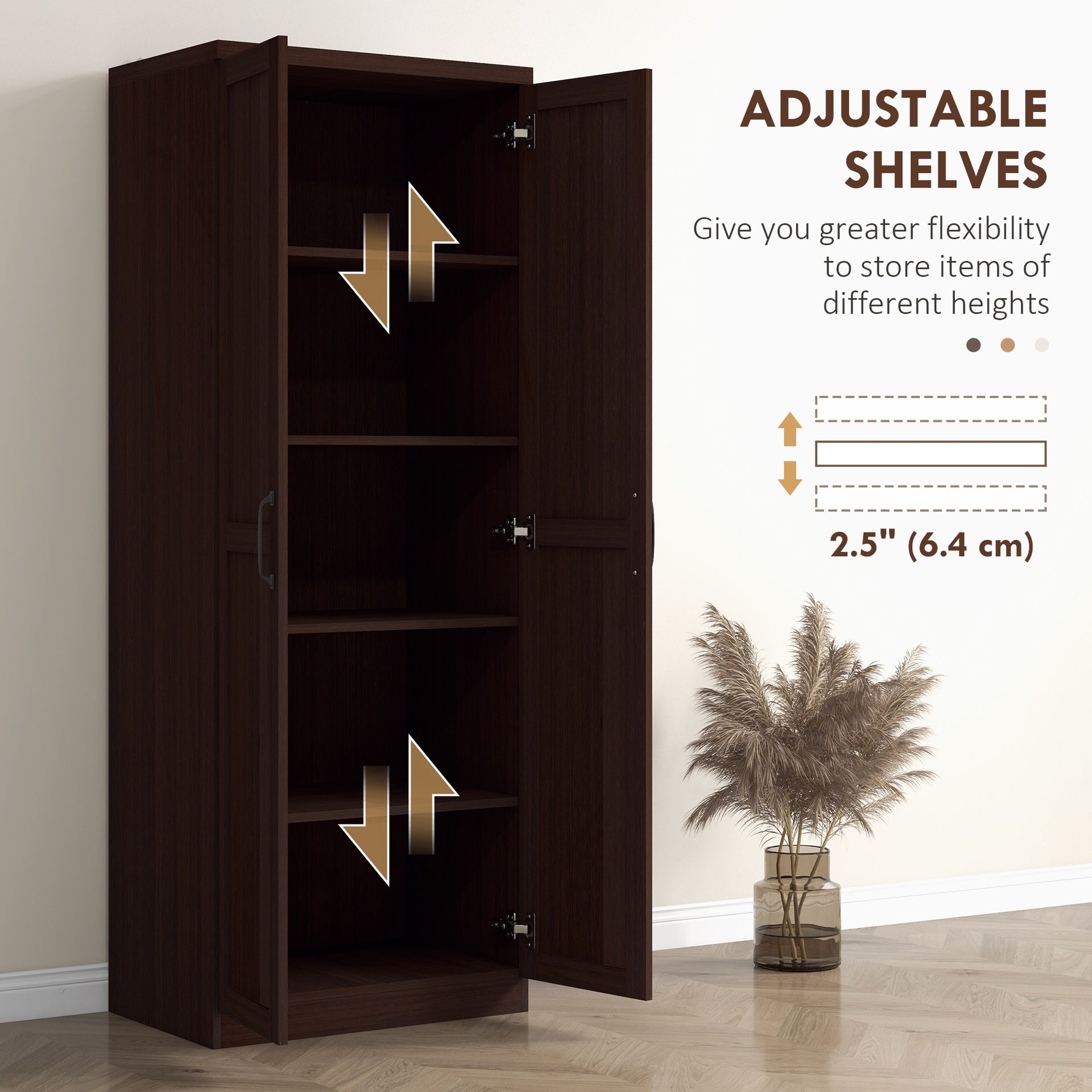 HOMCOM 63" 2-Door Kitchen Pantry, Freestanding Cabinet with 2 Adjustable Shelves for Dining Room, Cinnamon Cherry Wood Grain