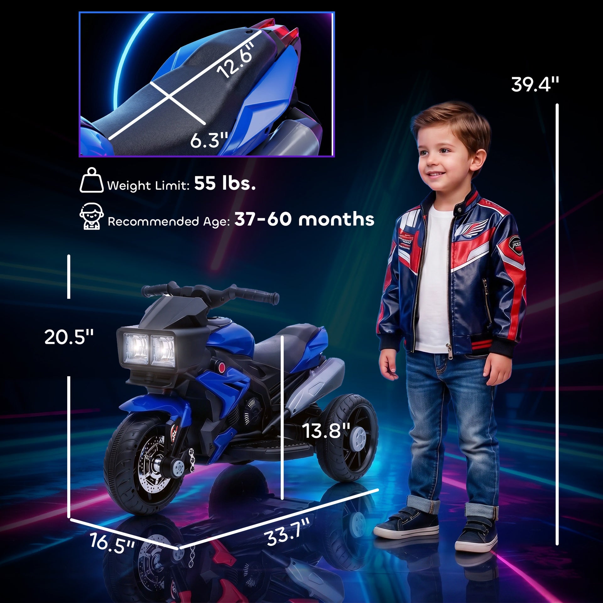 Aosom 6V Kids Motorcycle Toddler Ride-on Toy, High-Traction Battery-Operated Mini Electric Motorbike with Forward/Reverse Switch, Music, Headlights, Horn, Blue