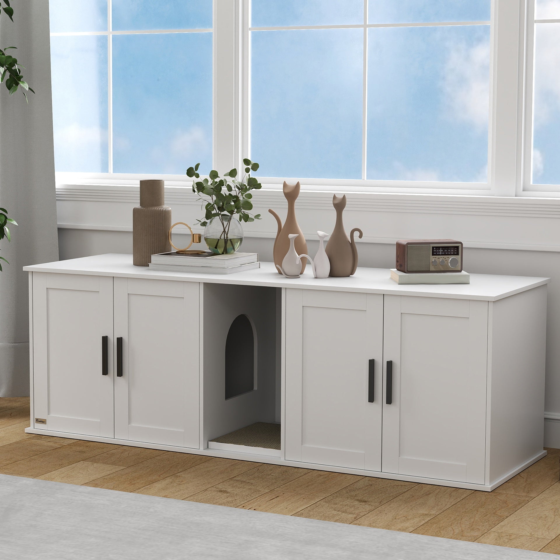 PawHut Cat Litter Box Enclosure with Double Room, Scratching Mat for 2 Cats, 57" x 19" x 20", White