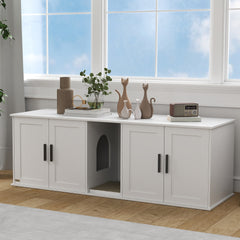 PawHut Cat Litter Box Enclosure with Double Room, Scratching Mat for 2 Cats, 57" x 19" x 20", White