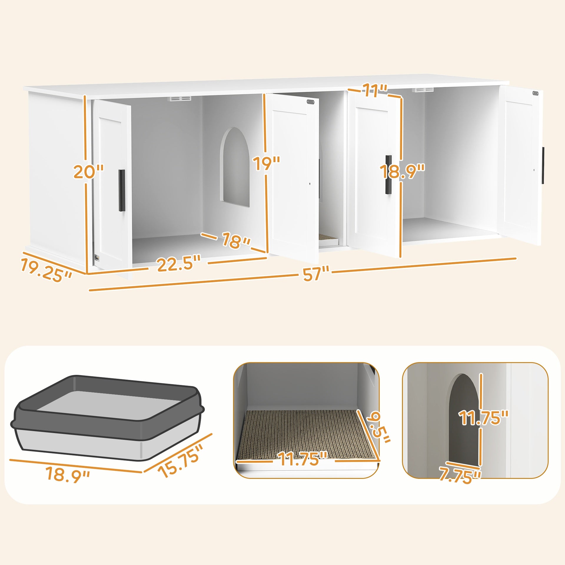 PawHut Cat Litter Box Enclosure with Double Room, Scratching Mat for 2 Cats, 57" x 19" x 20", White