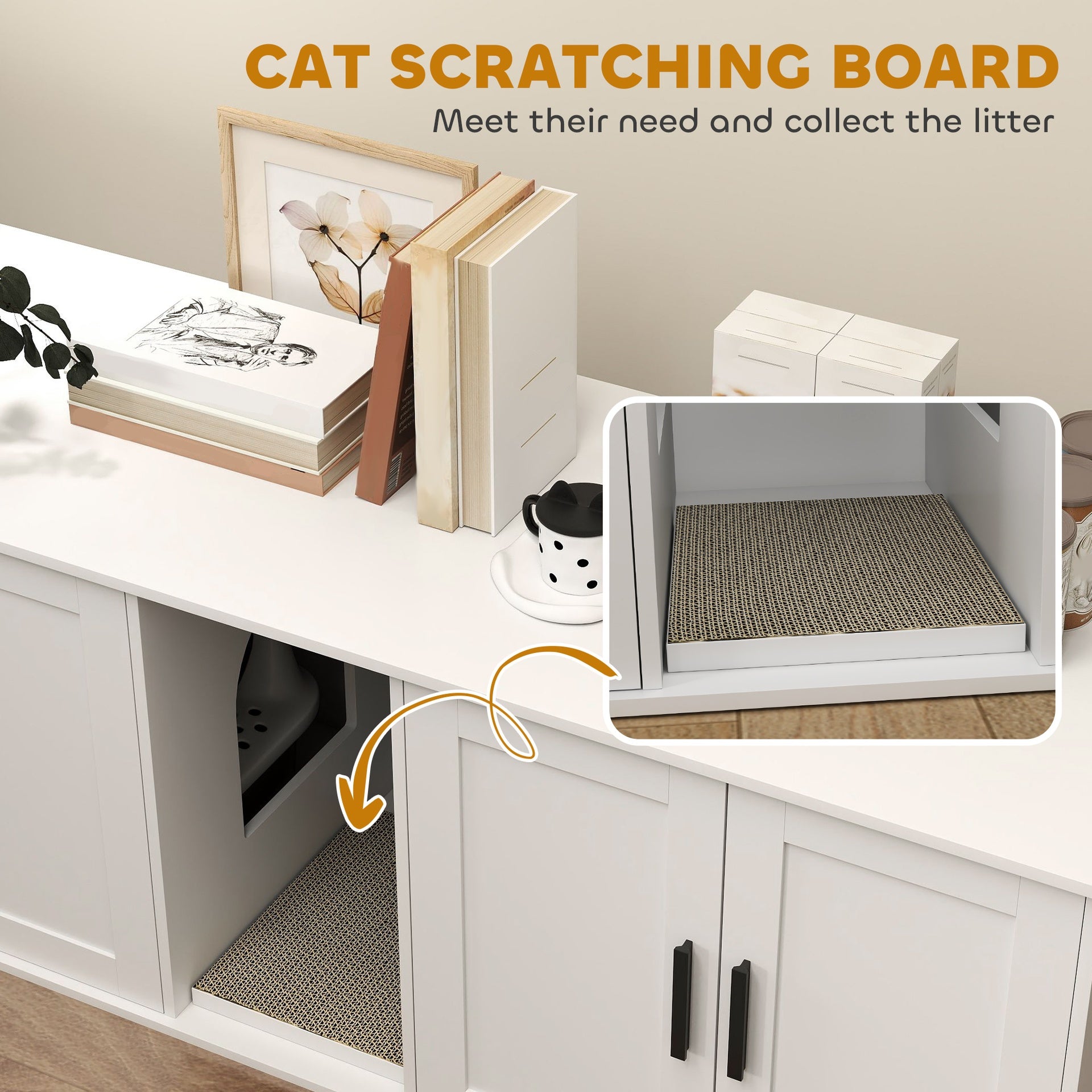 PawHut Cat Litter Box Enclosure with Double Room, Scratching Mat for 2 Cats, 57" x 19" x 20", White