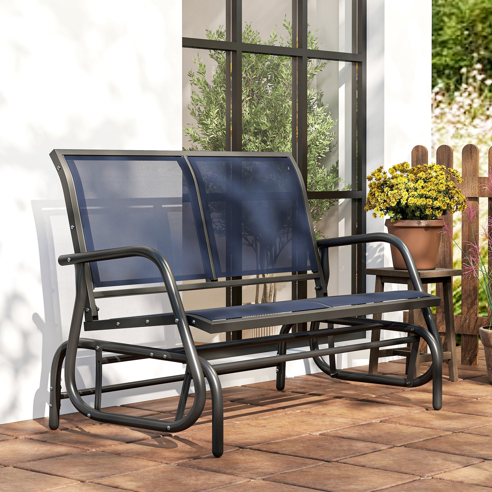 Outsunny 2-Person Outdoor Glider Bench, Patio Double Swing Rocking Chair Loveseat with 
 Steel Frame, Dark Blue
