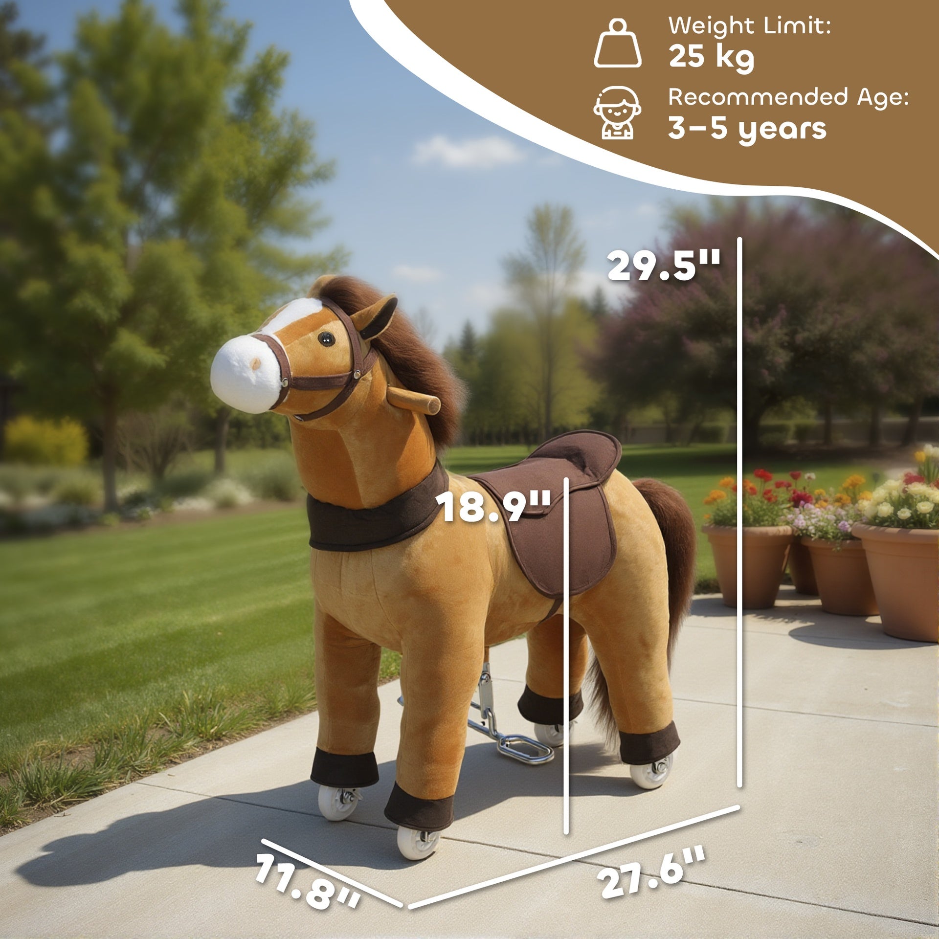Qaba Ride on Horse, Plush Riding Pony for Ages 3-5, Walking Horse Animal with Wheels for Active Play, Dark Brown