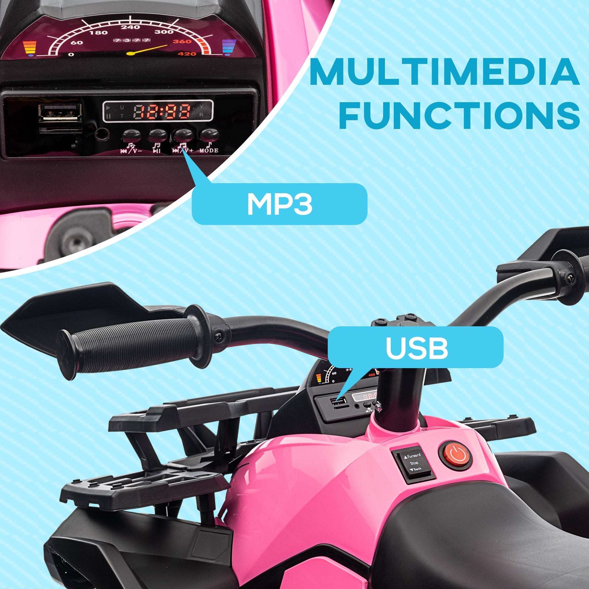 Aosom 12V 4 Wheeler Kids ATV with Music, Headlights for 37-60 Months Boys and Girls, Pink