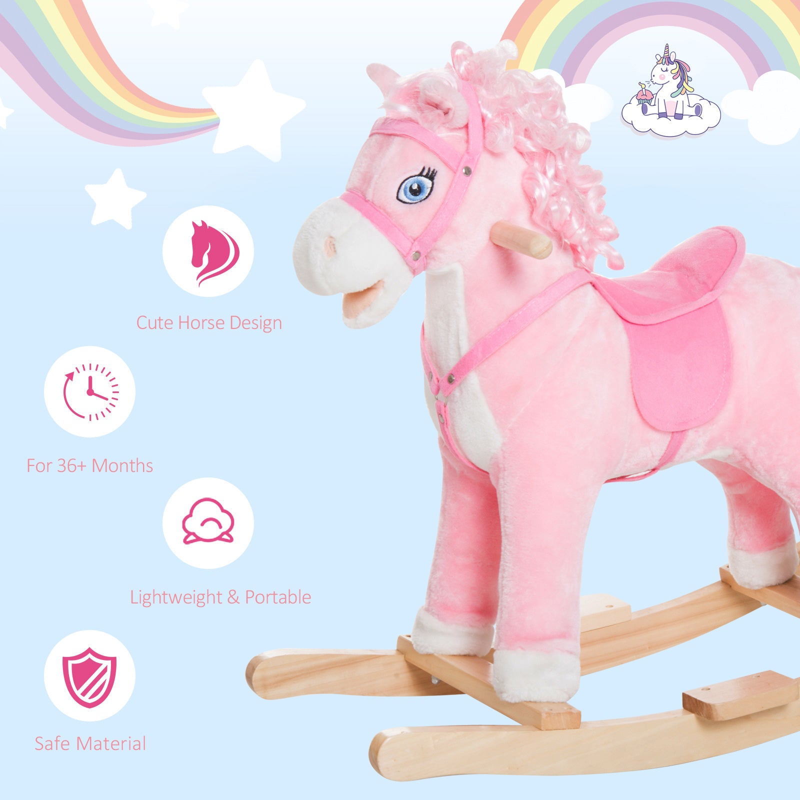 Qaba Kids Ride on Rocking Horse Toddler Plush Toy with Realistic Sounds and Swinging Tail for 3 Years Old Children