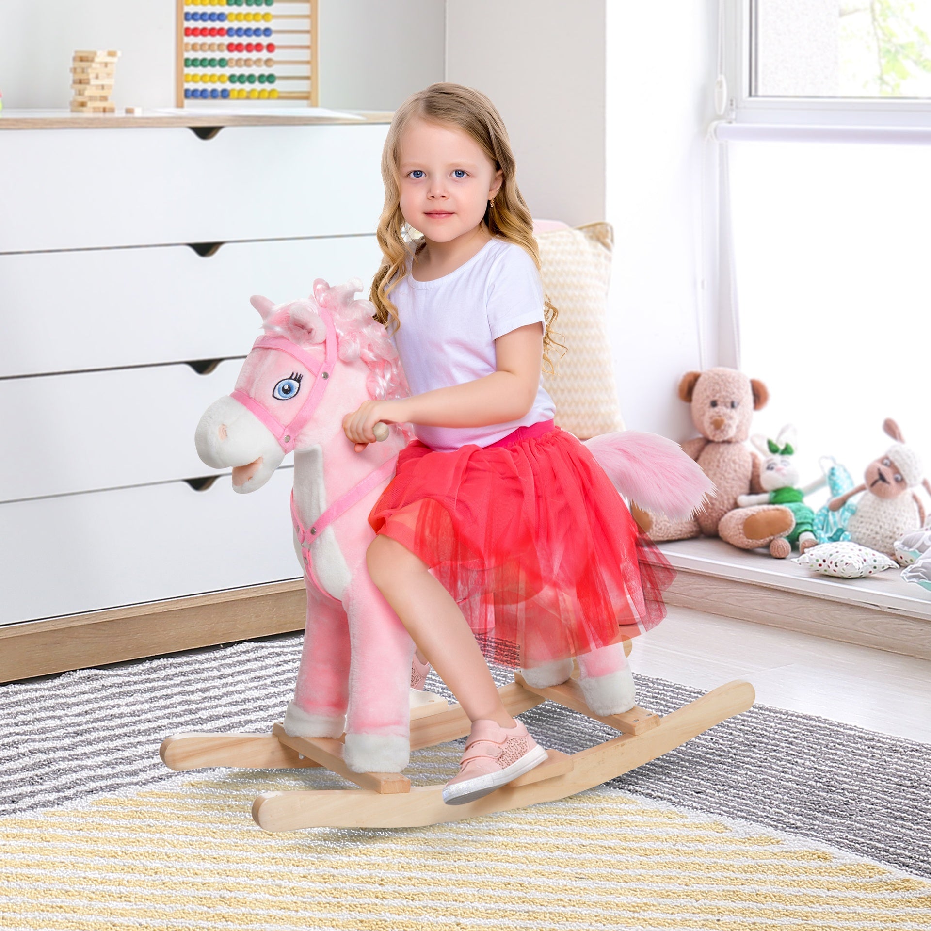 Qaba Kids Ride on Rocking Horse Toddler Plush Toy with Realistic Sounds and Swinging Tail for 3 Years Old Children