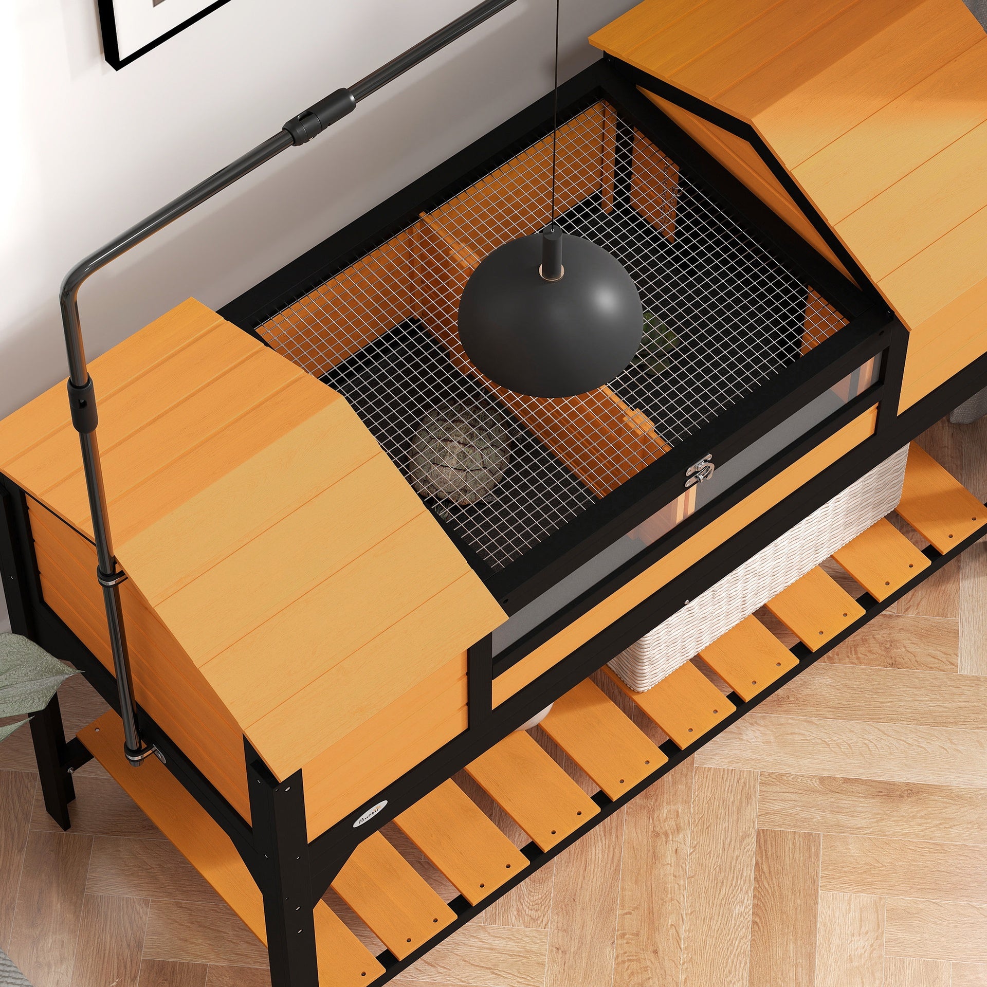 PawHut Tortoise Enclosure Tortoise House with Adjustable Lamp Holder Storage Shelf, Dual Main Houses, Openable Lid, Yellow