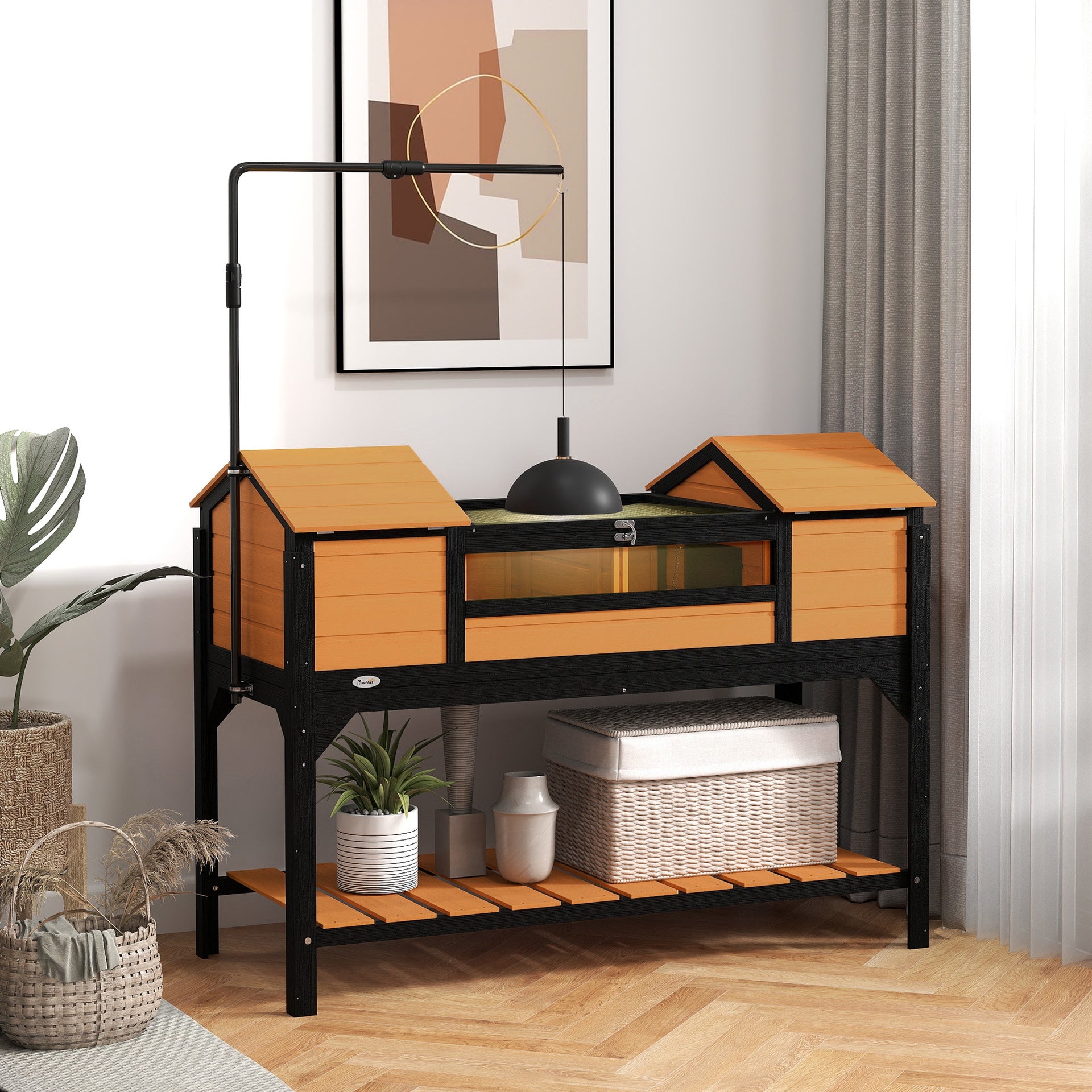PawHut Tortoise Enclosure Tortoise House with Adjustable Lamp Holder Storage Shelf, Dual Main Houses, Openable Lid, Yellow