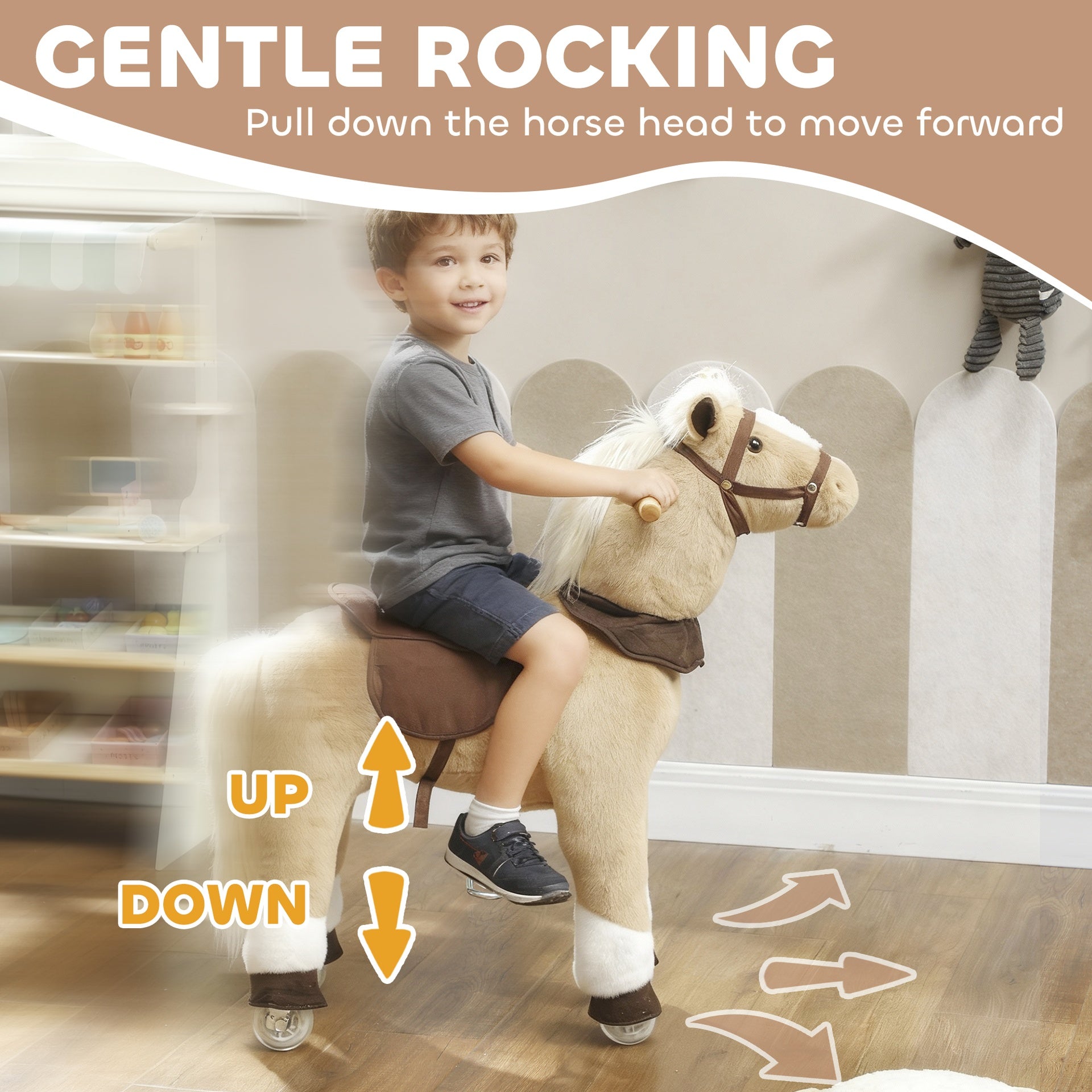 Qaba Ride on Horse, Plush Riding Pony for Ages 3-5, Walking Horse Animal with Wheels for Active Play, Brown