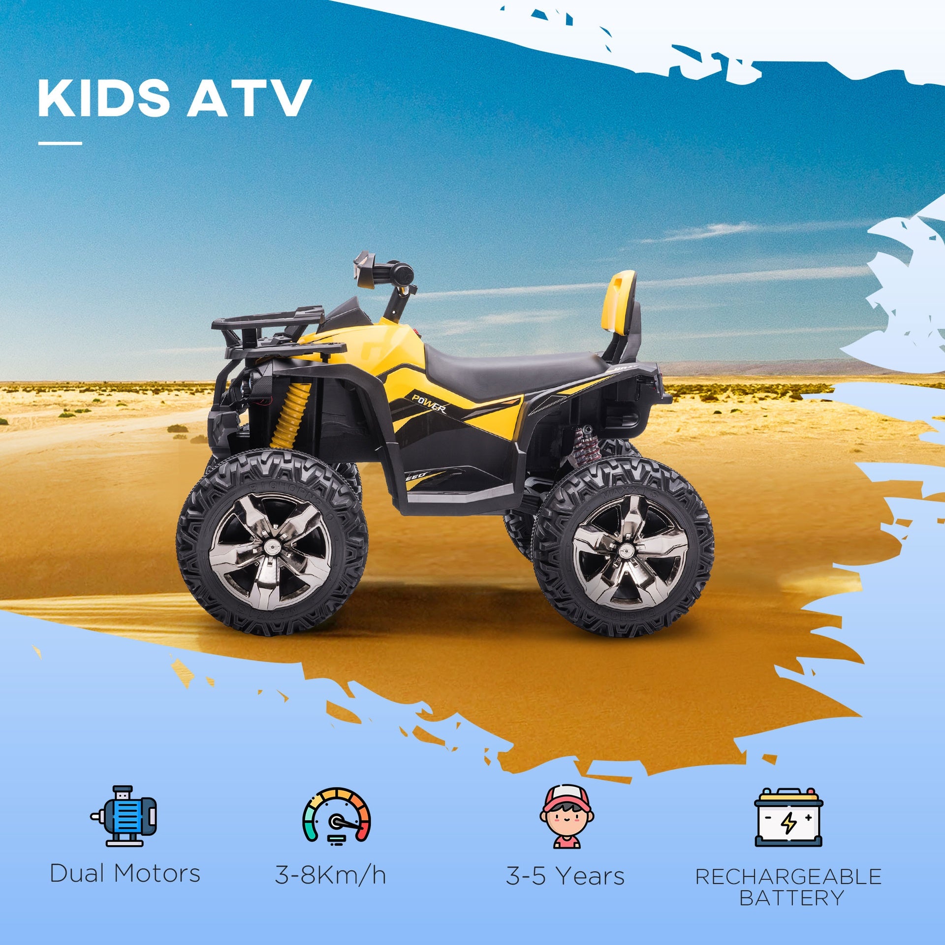 Aosom 12V Kids Recharging Ride-on Electric ATV Quad w/ Realistic Headlights Wide Wheel, Yellow