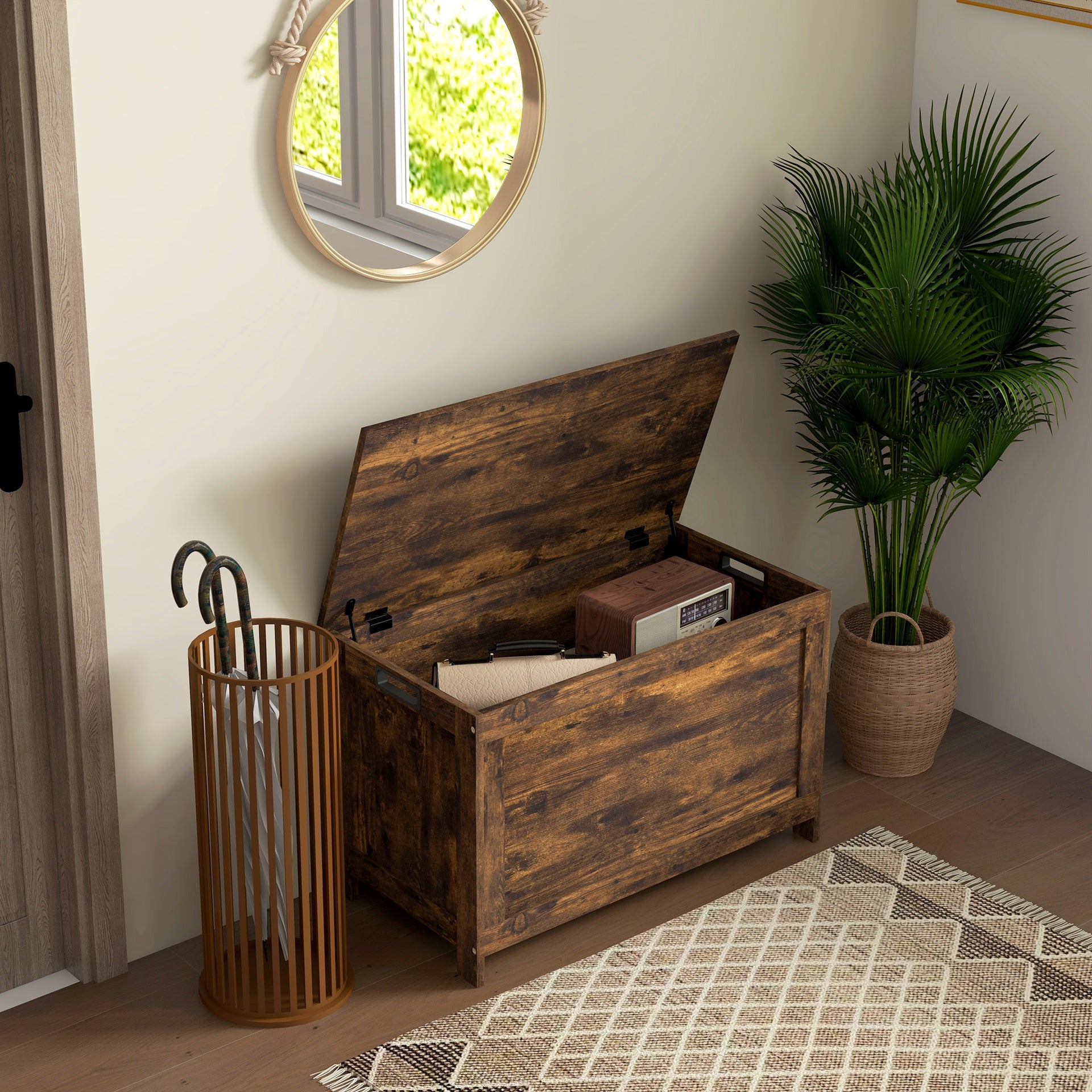 HOMCOM 29.9" Storage Trunk w/ 2 Safety Hinges, Wooden Storage Bench w/ Side Handles, Storage Chest for Playroom, Rustic Brown