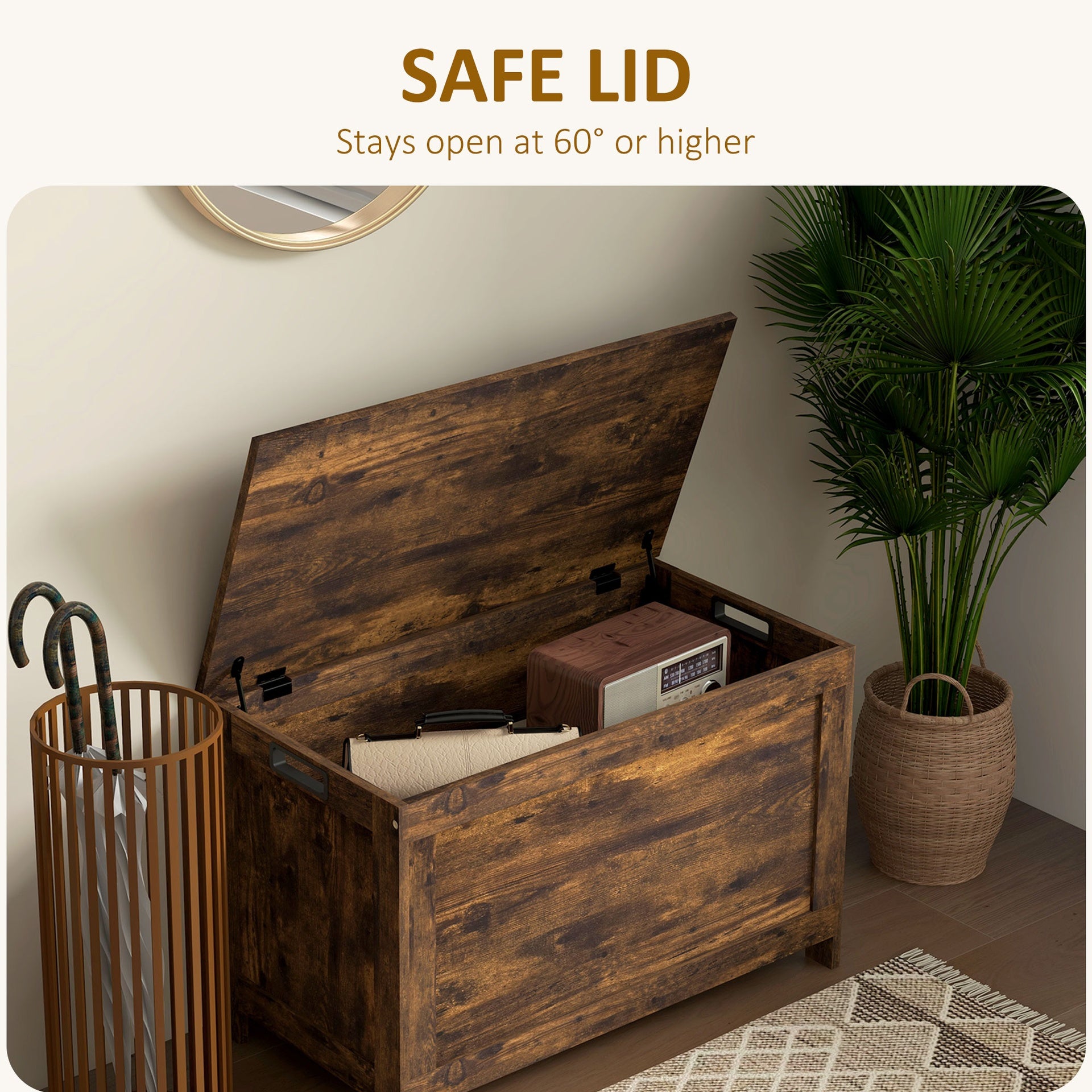 HOMCOM 29.9" Storage Trunk w/ 2 Safety Hinges, Wooden Storage Bench w/ Side Handles, Storage Chest for Playroom, Rustic Brown