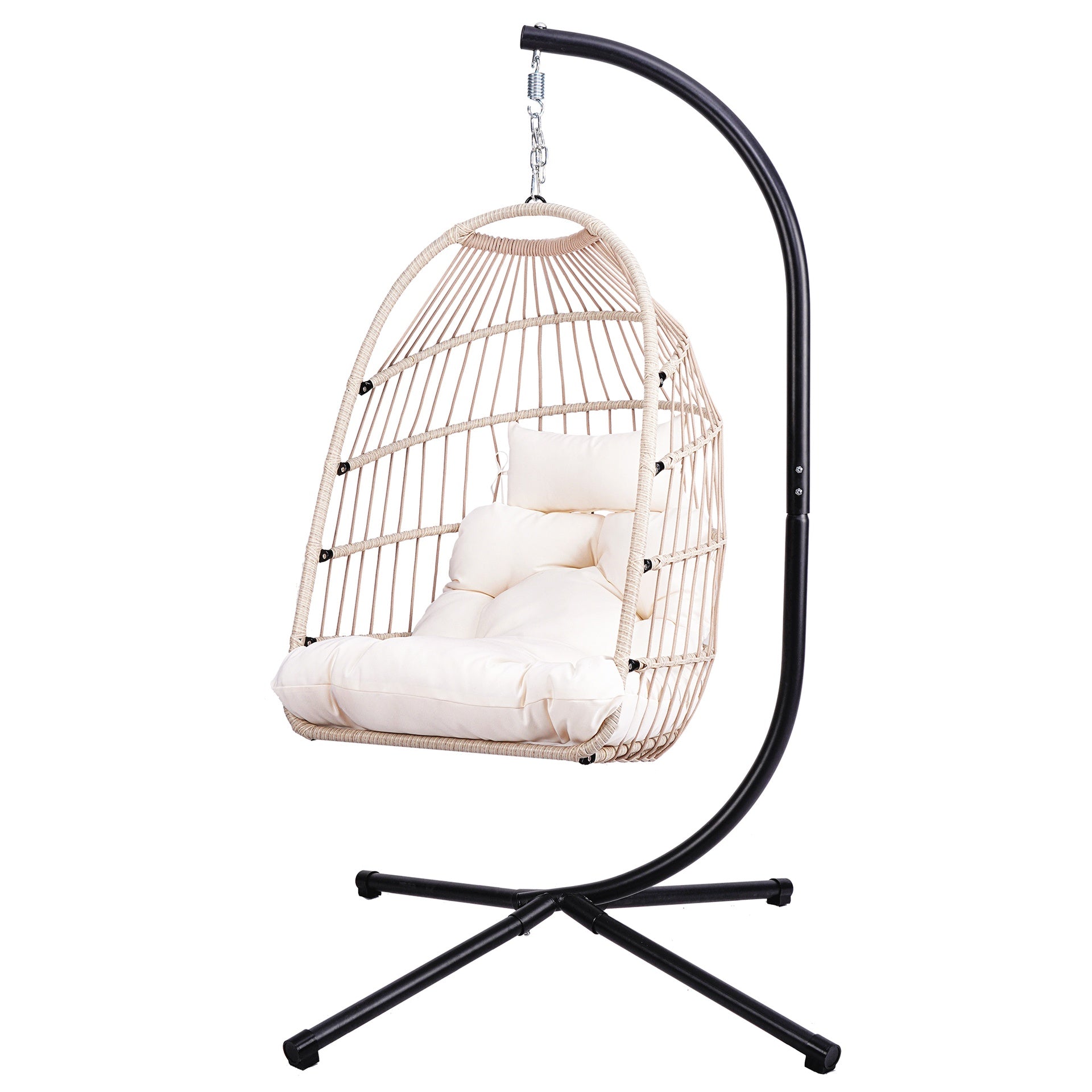 Foldable Hanging Egg Chair with Stand and Pillow, HDPE Rattan and Heavy Duty Aluminum-Steel Frame, Outdoor Patio Wicker Swing Egg Chair with Headrest and Cushioned, 350 Lbs Capacity (White)