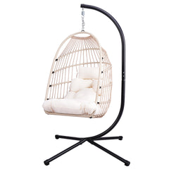 Foldable Hanging Egg Chair with Stand and Pillow, HDPE Rattan and Heavy Duty Aluminum-Steel Frame, Outdoor Patio Wicker Swing Egg Chair with Headrest and Cushioned, 350 Lbs Capacity (White)