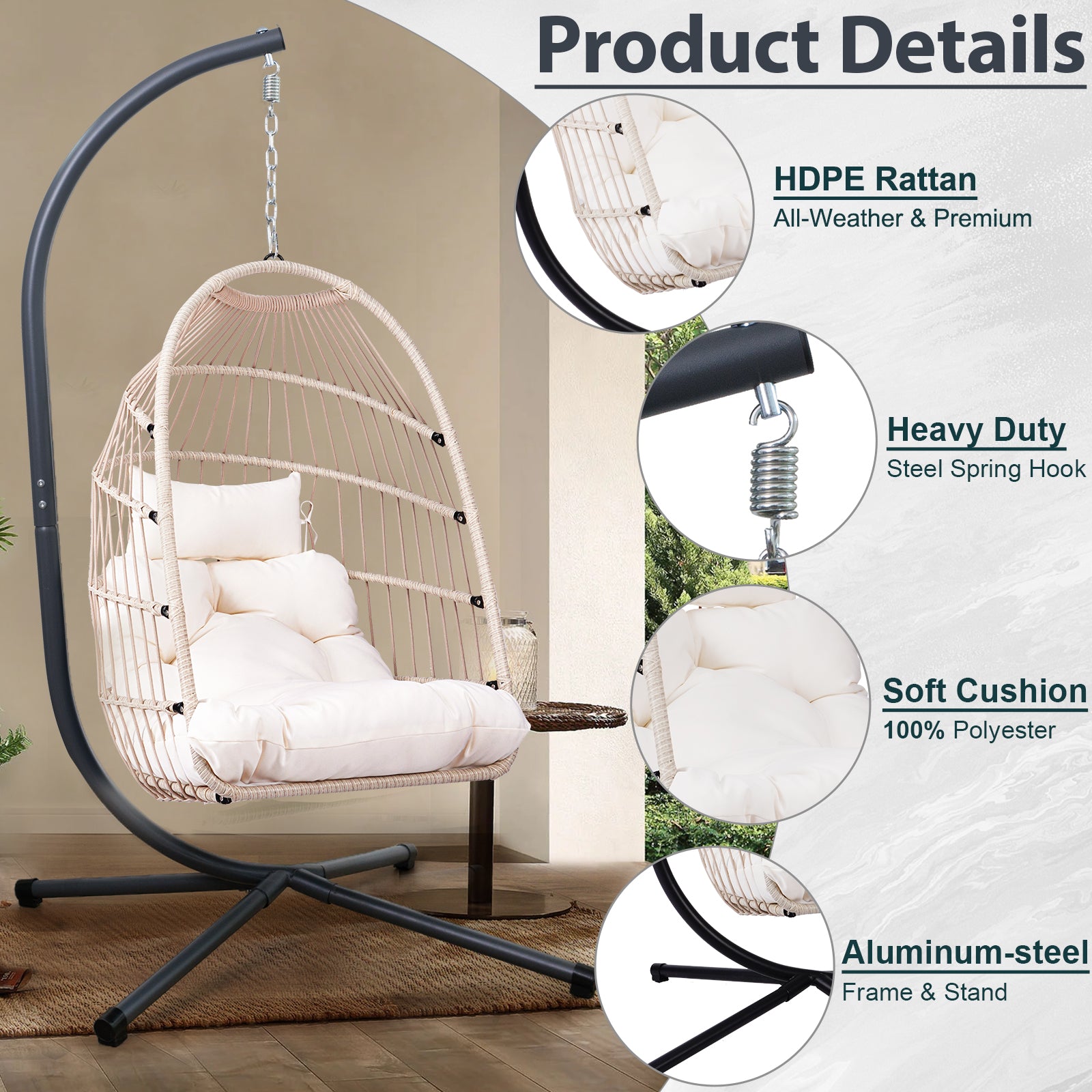 Foldable Hanging Egg Chair with Stand and Pillow, HDPE Rattan and Heavy Duty Aluminum-Steel Frame, Outdoor Patio Wicker Swing Egg Chair with Headrest and Cushioned, 350 Lbs Capacity (White)
