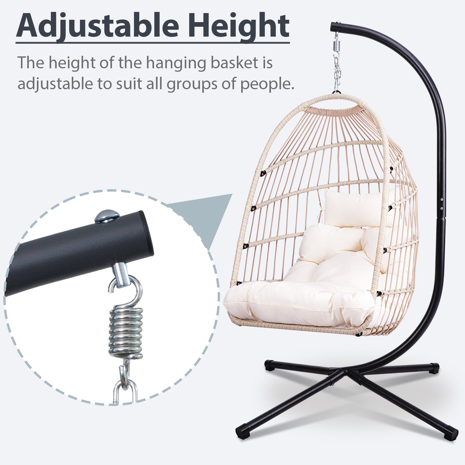 Foldable Hanging Egg Chair with Stand and Pillow, HDPE Rattan and Heavy Duty Aluminum-Steel Frame, Outdoor Patio Wicker Swing Egg Chair with Headrest and Cushioned, 350 Lbs Capacity (White)