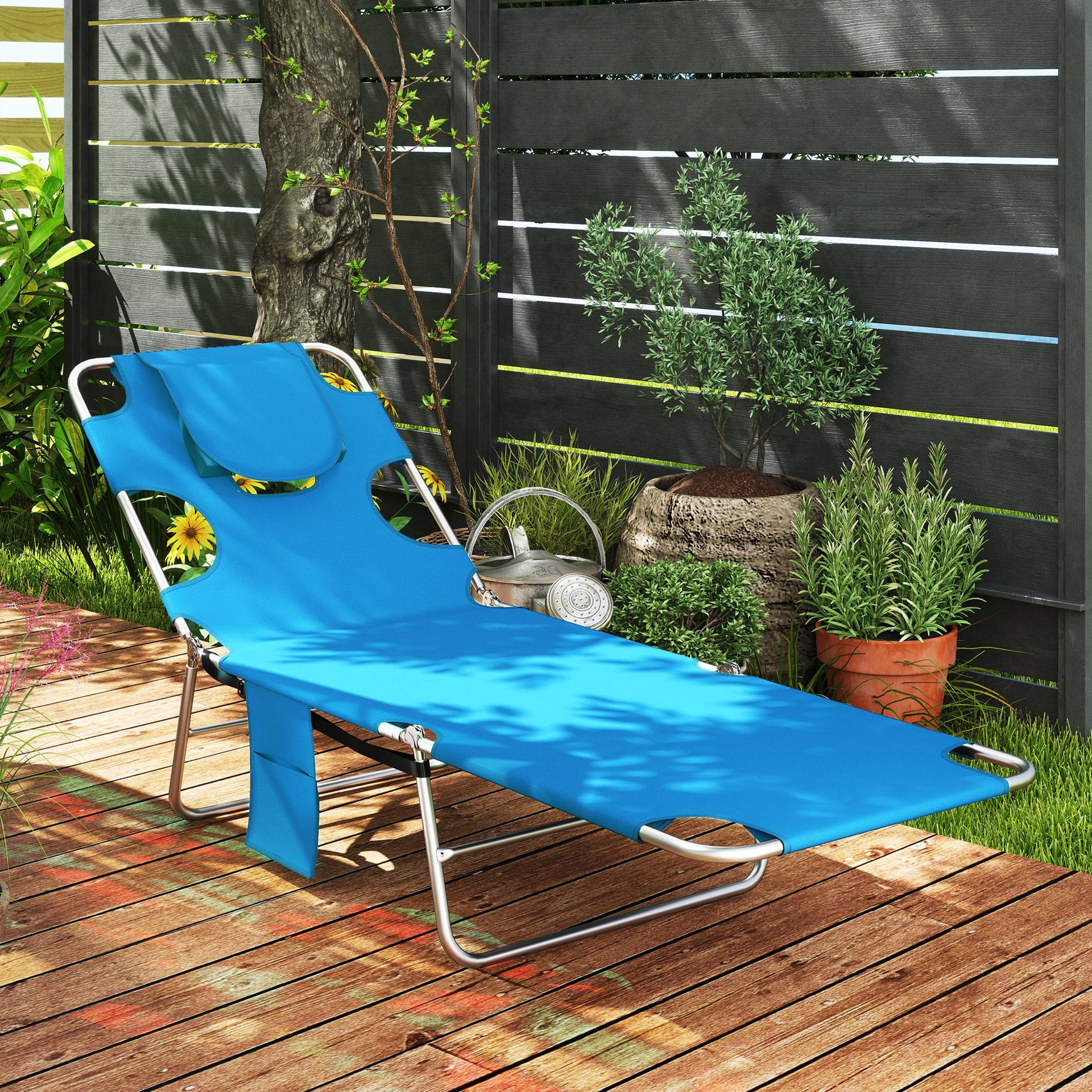 Outsunny Tanning Chair with Face Hole, 5-Level Adjustable Outdoor Chaise Lounge Chair with Pillow for Beach, Pool, Light Blue