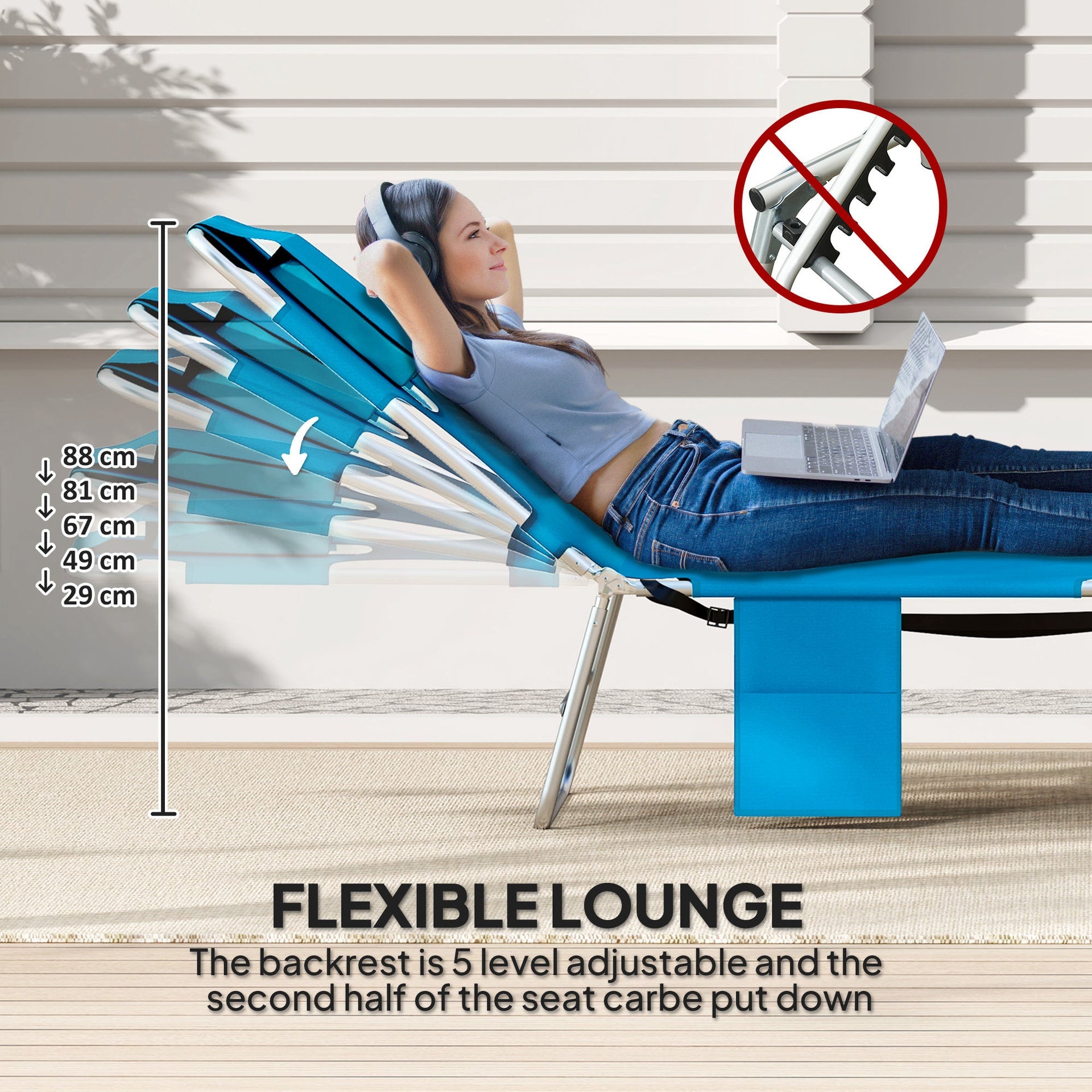Outsunny Tanning Chair with Face Hole, 5-Level Adjustable Outdoor Chaise Lounge Chair with Pillow for Beach, Pool, Light Blue