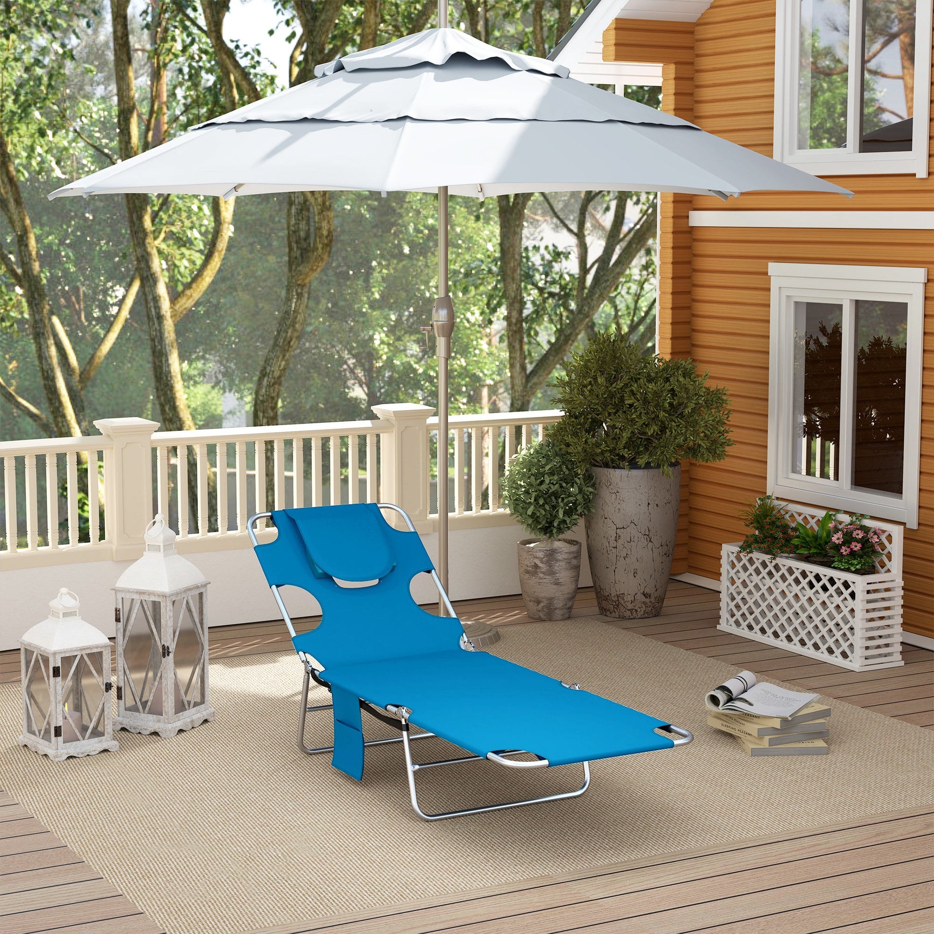 Outsunny Tanning Chair with Face Hole, 5-Level Adjustable Outdoor Chaise Lounge Chair with Pillow for Beach, Pool, Light Blue