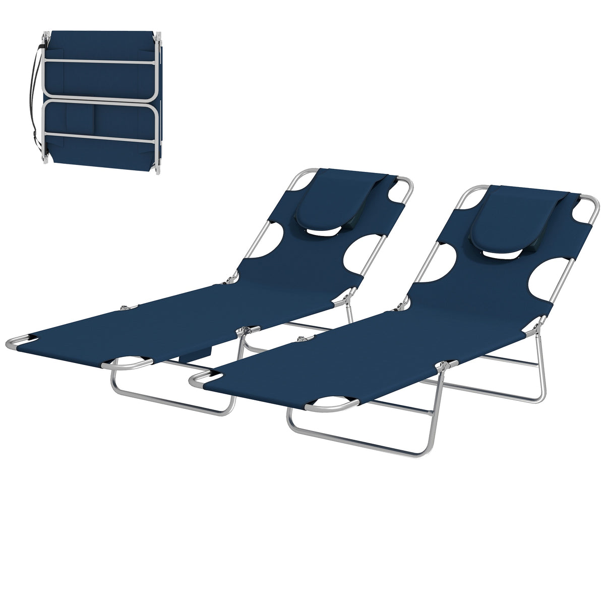 Outsunny 2 Tanning Chairs with Face Hole, 5-Level Adjustable Outdoor Chaise Lounge Chair with Pillow for Beach, Pool, Dark Blue