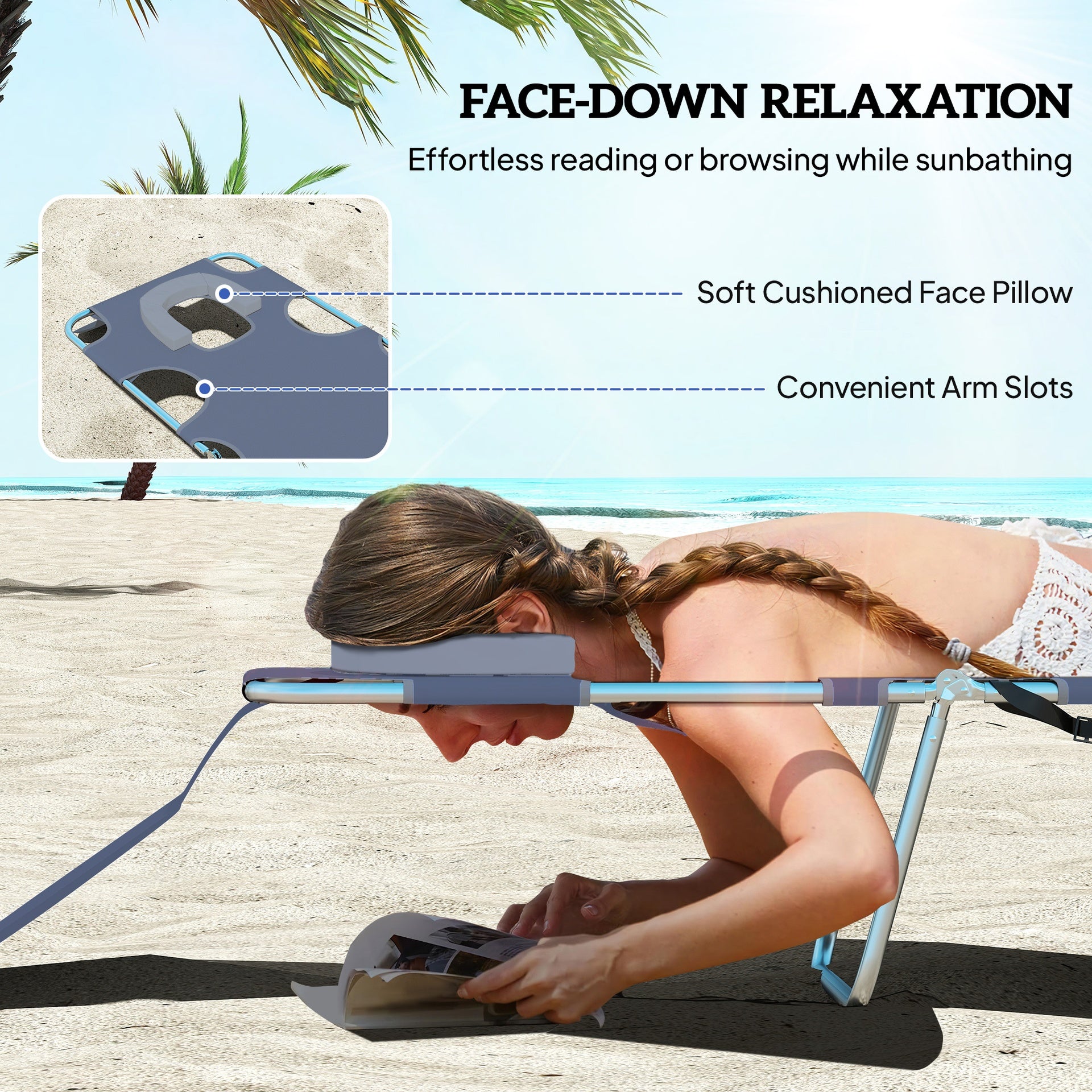 Outsunny 2 Tanning Chairs with Face Hole, 5-Level Adjustable Outdoor Chaise Lounge Chair with Pillow for Beach, Pool, Gray