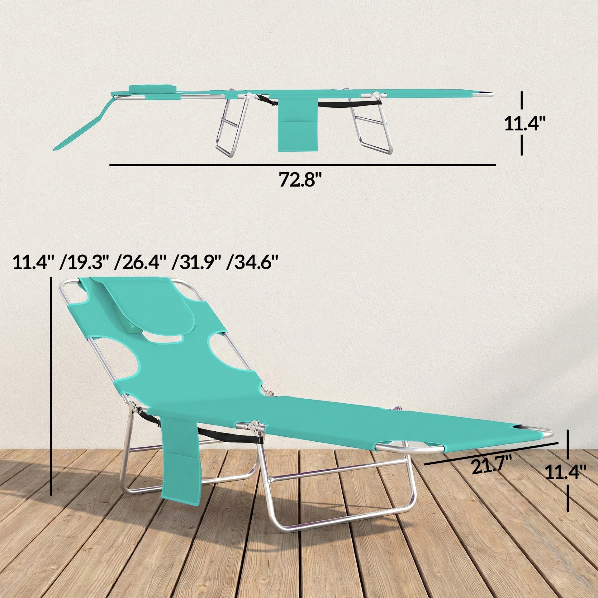Outsunny Tanning Chair with Face Hole, 5-Level Adjustable Outdoor Chaise Lounge Chair with Pillow for Beach, Pool, Light Green