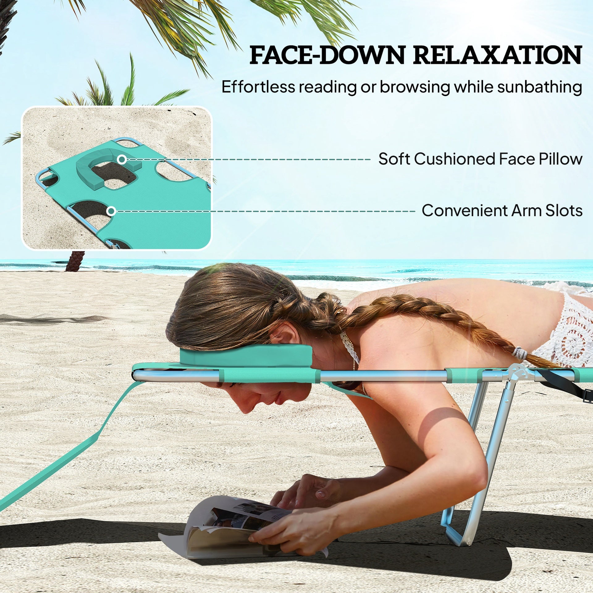 Outsunny Tanning Chair with Face Hole, 5-Level Adjustable Outdoor Chaise Lounge Chair with Pillow for Beach, Pool, Light Green