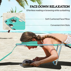 Outsunny Tanning Chair with Face Hole, 5-Level Adjustable Outdoor Chaise Lounge Chair with Pillow for Beach, Pool, Light Green