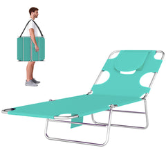Outsunny Tanning Chair with Face Hole, 5-Level Adjustable Outdoor Chaise Lounge Chair with Pillow for Beach, Pool, Light Green