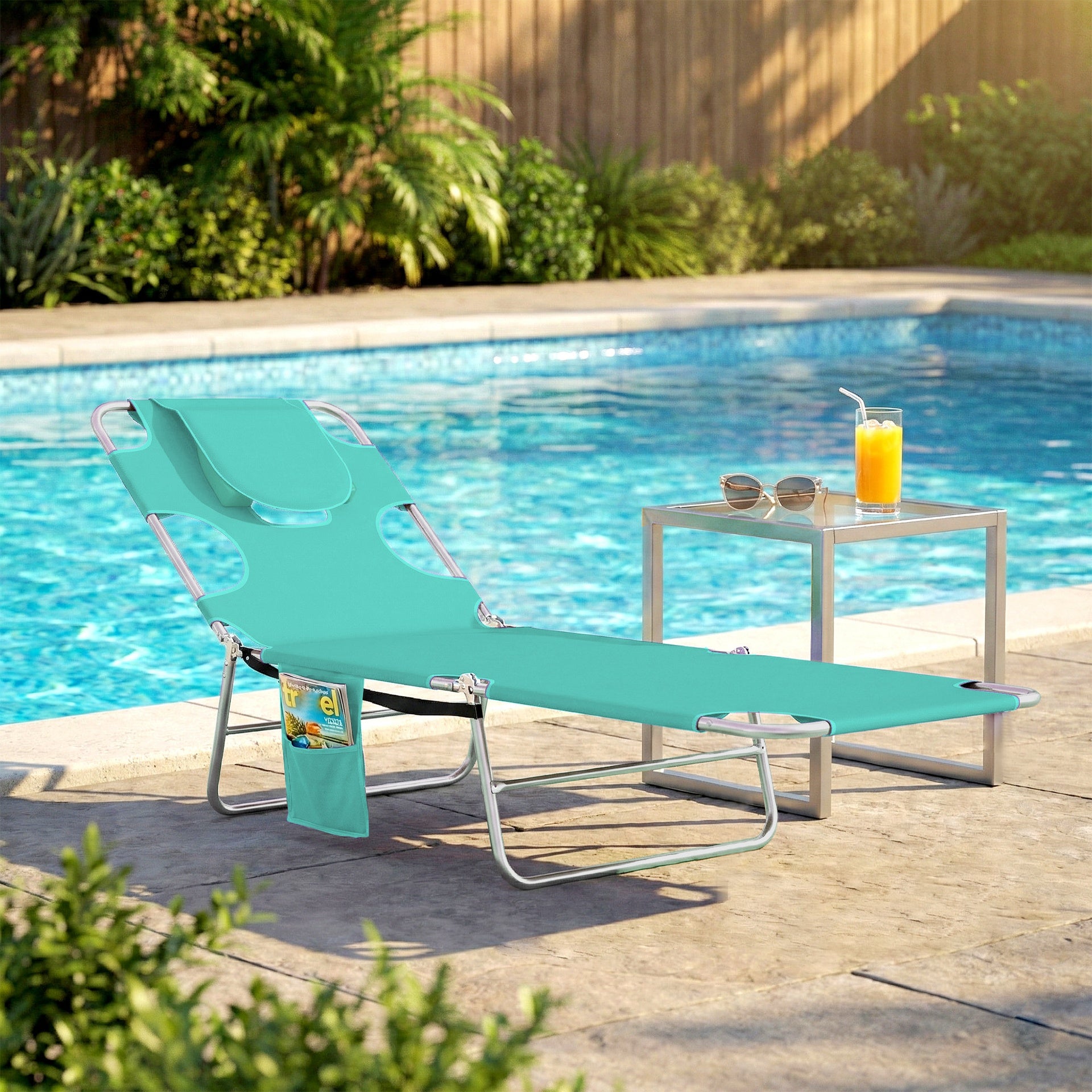 Outsunny Tanning Chair with Face Hole, 5-Level Adjustable Outdoor Chaise Lounge Chair with Pillow for Beach, Pool, Light Green