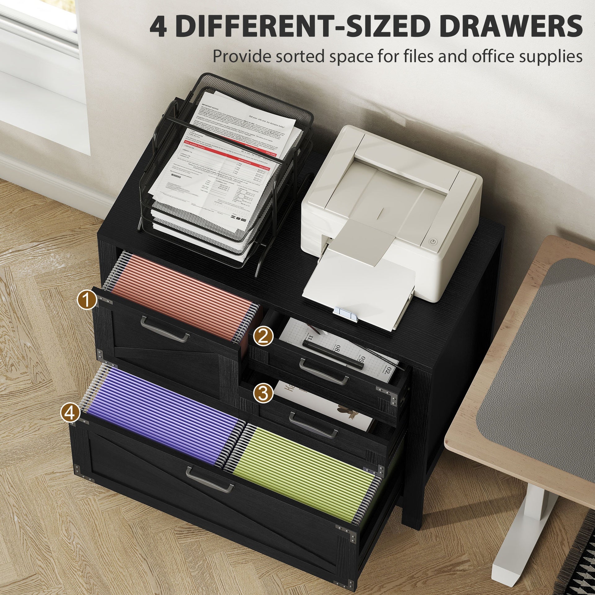 HOMCOM Lateral Filing Cabinet, Farmhouse File Cabinet with 4 Drawers, Fit Letter/A4/Legal Hanging Files, Black
