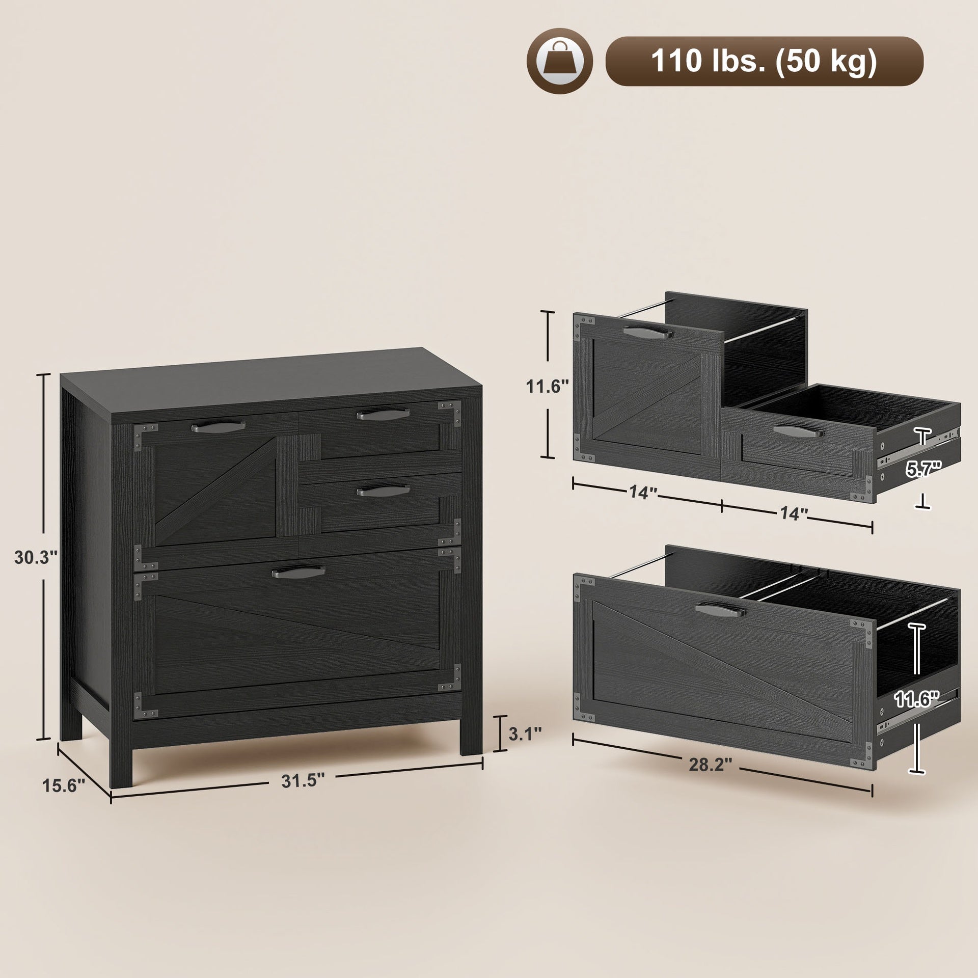 HOMCOM Lateral Filing Cabinet, Farmhouse File Cabinet with 4 Drawers, Fit Letter/A4/Legal Hanging Files, Black