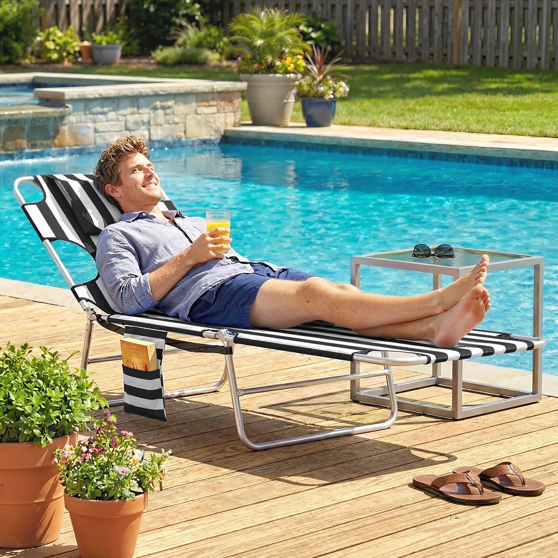 Outsunny Tanning Chair with Face Hole, 5-Level Adjustable Outdoor Chaise Lounge Chair with Pillow for Beach, Pool, Black Stripe