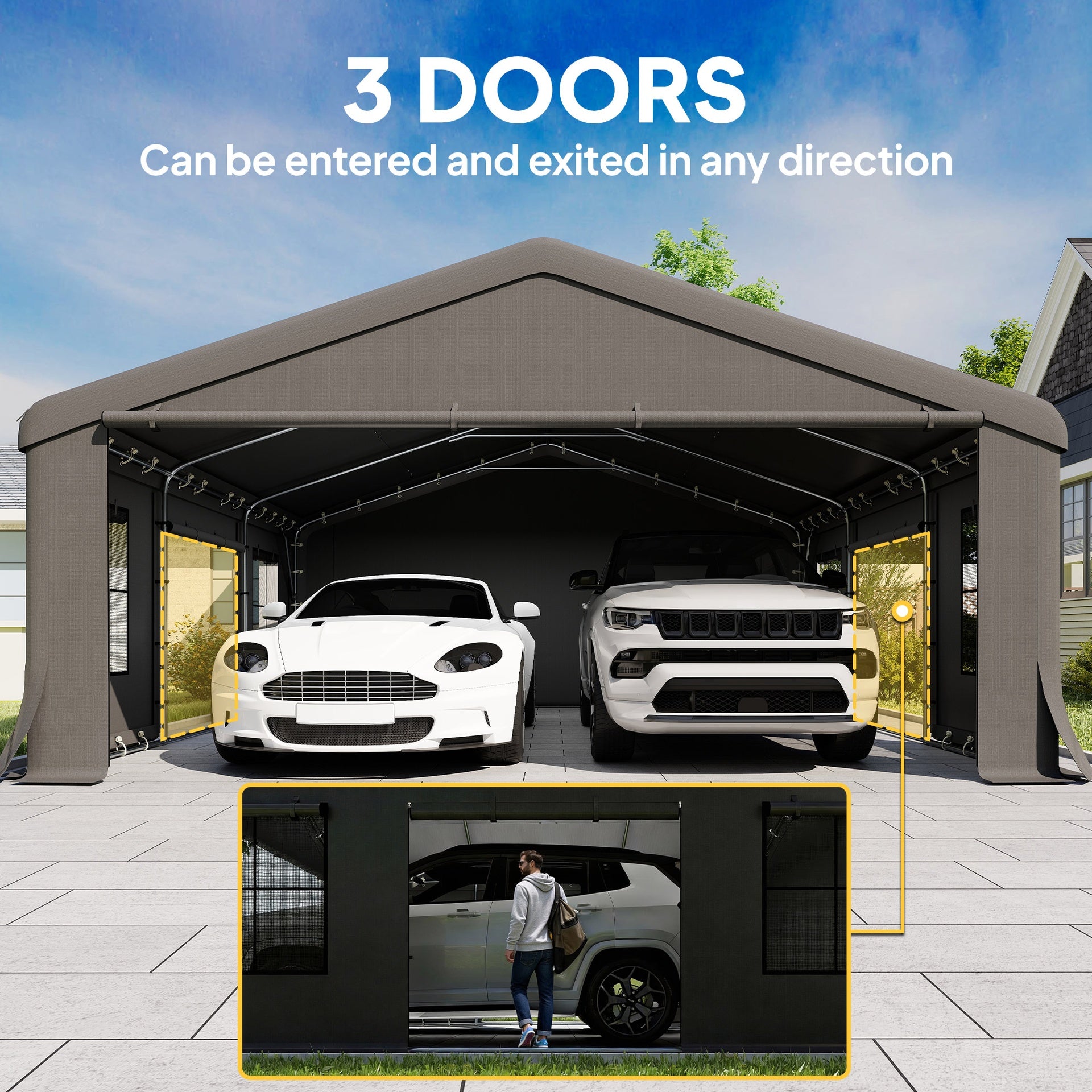 Outsunny 20' x 20' Heavy Duty Carport, Portable Garage Car Canopy Tent Shelter with 3 Roll-up Doors, 4 Windows, Dark Gray