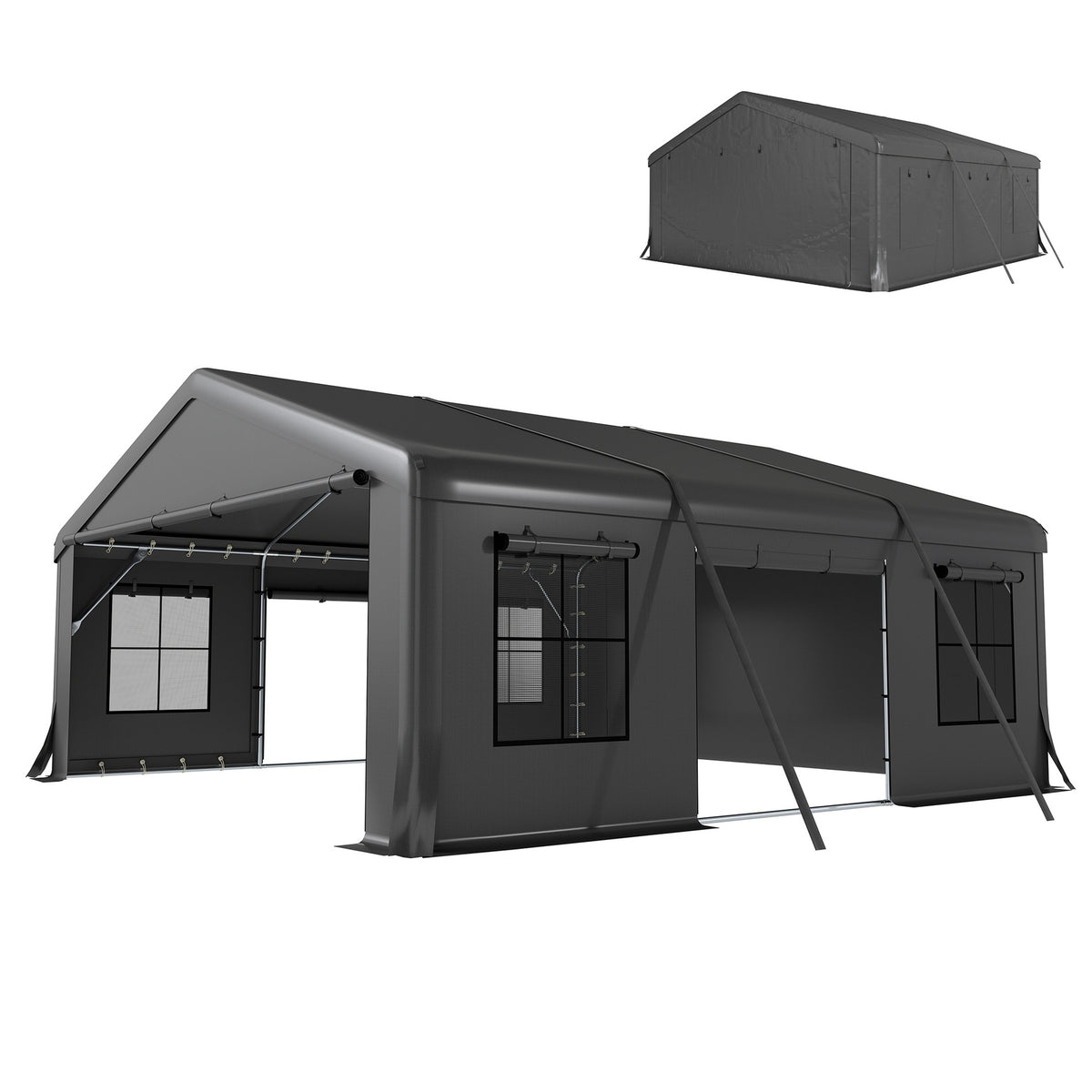 Outsunny 20' x 20' Heavy Duty Carport, Portable Garage Car Canopy Tent Shelter with 3 Roll-up Doors, 4 Windows, Dark Gray