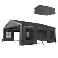 Outsunny 20' x 20' Heavy Duty Carport, Portable Garage Car Canopy Tent Shelter with 3 Roll-up Doors, 4 Windows, Dark Gray