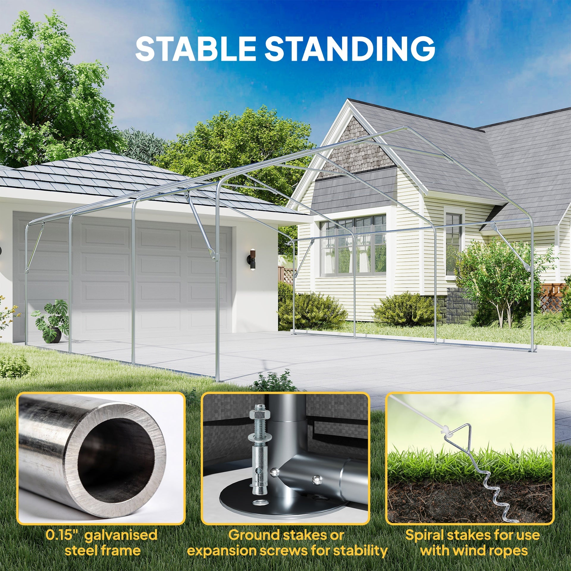Outsunny 20' x 20' Heavy Duty Carport, Portable Garage Car Canopy Tent Shelter with 3 Roll-up Doors, 4 Windows, Dark Gray