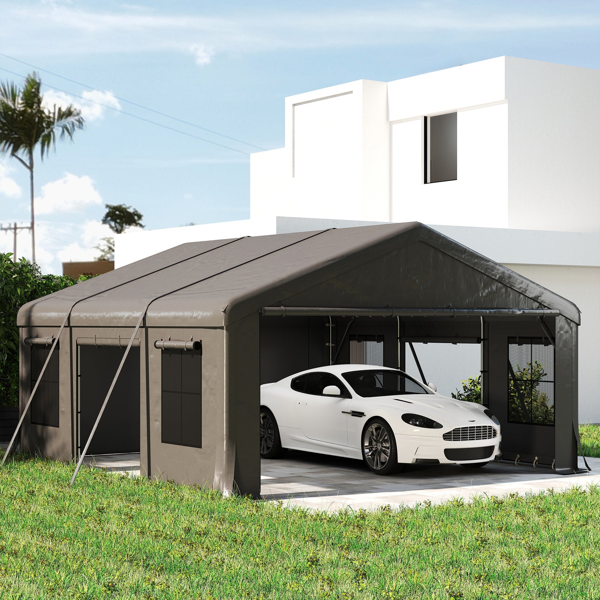 Outsunny 20' x 20' Heavy Duty Carport, Portable Garage Car Canopy Tent Shelter with 3 Roll-up Doors, 4 Windows, Dark Gray