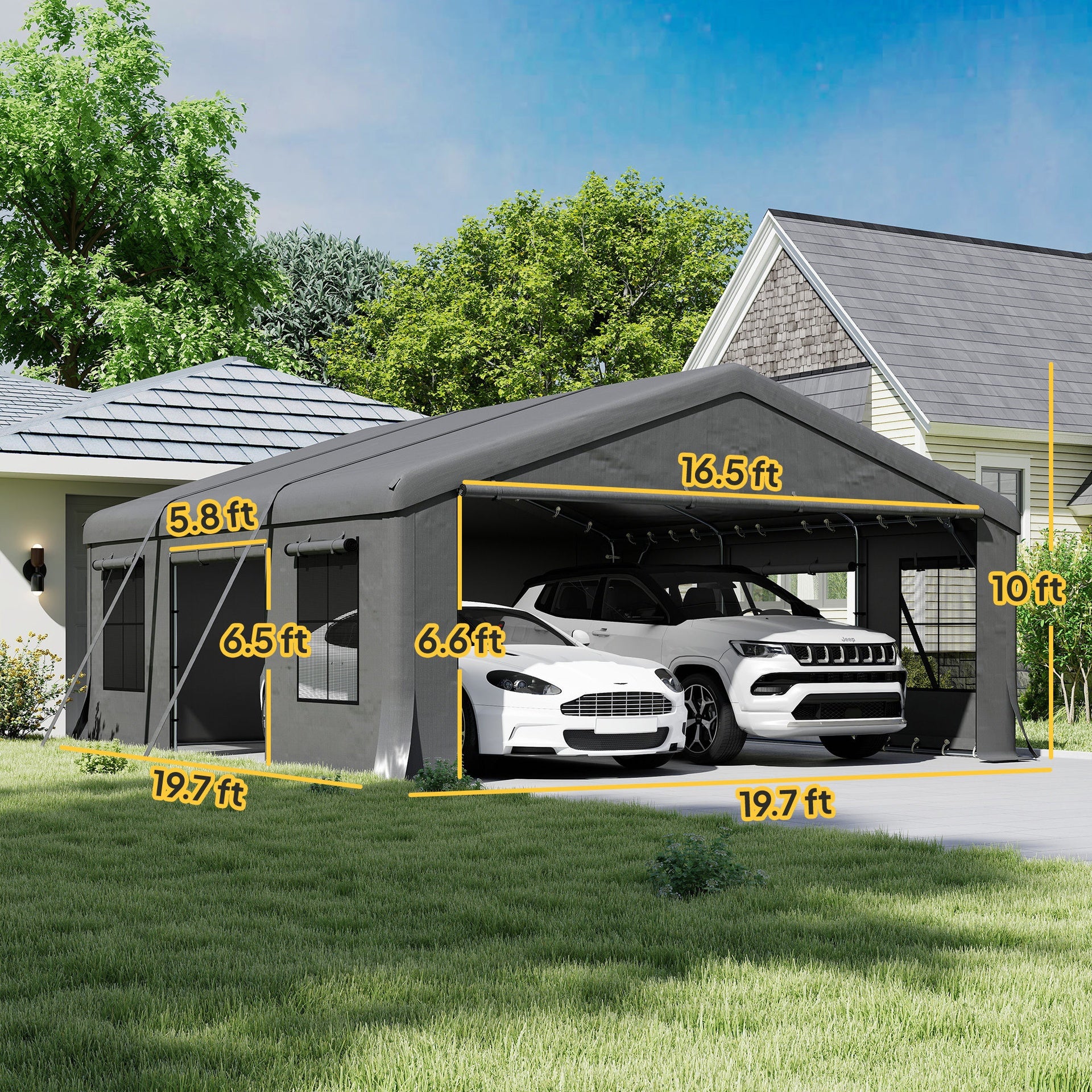 Outsunny 20' x 20' Heavy Duty Carport, Portable Garage Car Canopy Tent Shelter with 3 Roll-up Doors, 4 Windows, Dark Gray