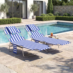 Outsunny 2 Tanning Chairs with Face Hole, 5-Level Adjustable Outdoor Chaise Lounge Chair with Pillow for Beach, Pool, Blue Stripe