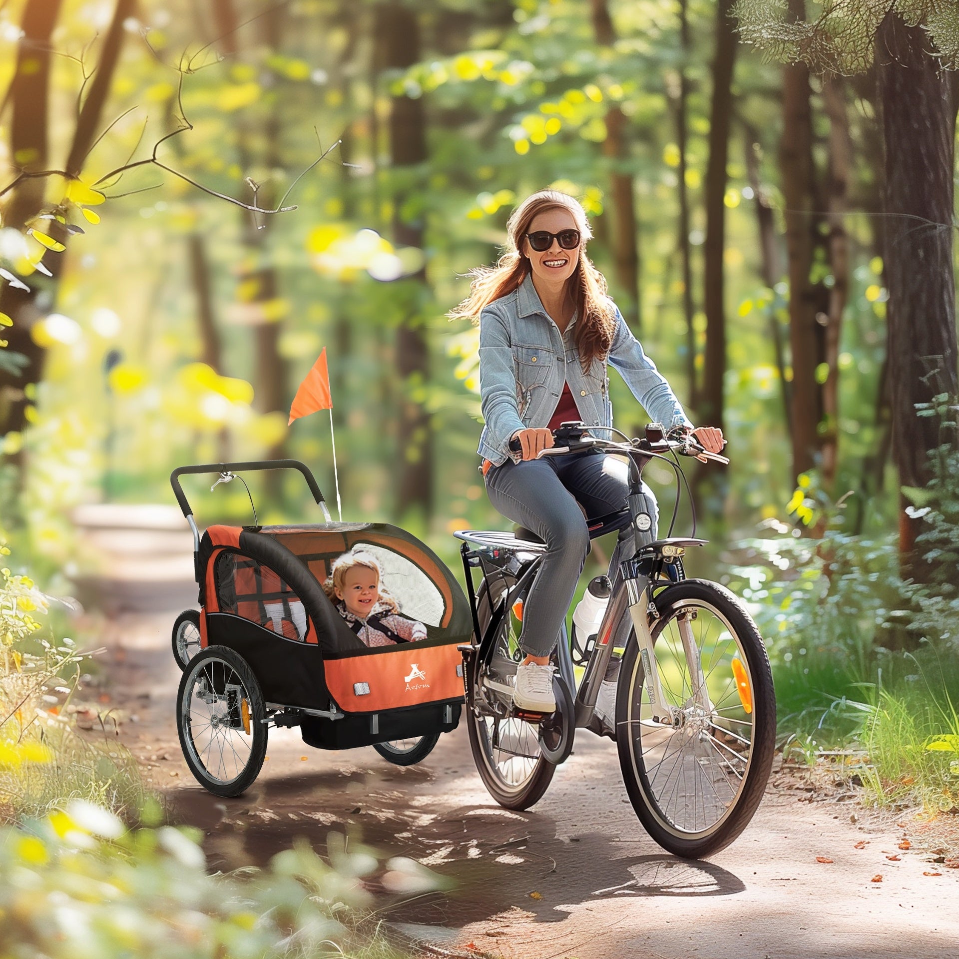 Aosom 2-Seat Elite 360 Swivel Bike Trailer for Kids Bicycle Cargo Trailer with Water-Resistant Windows, Black and Orange