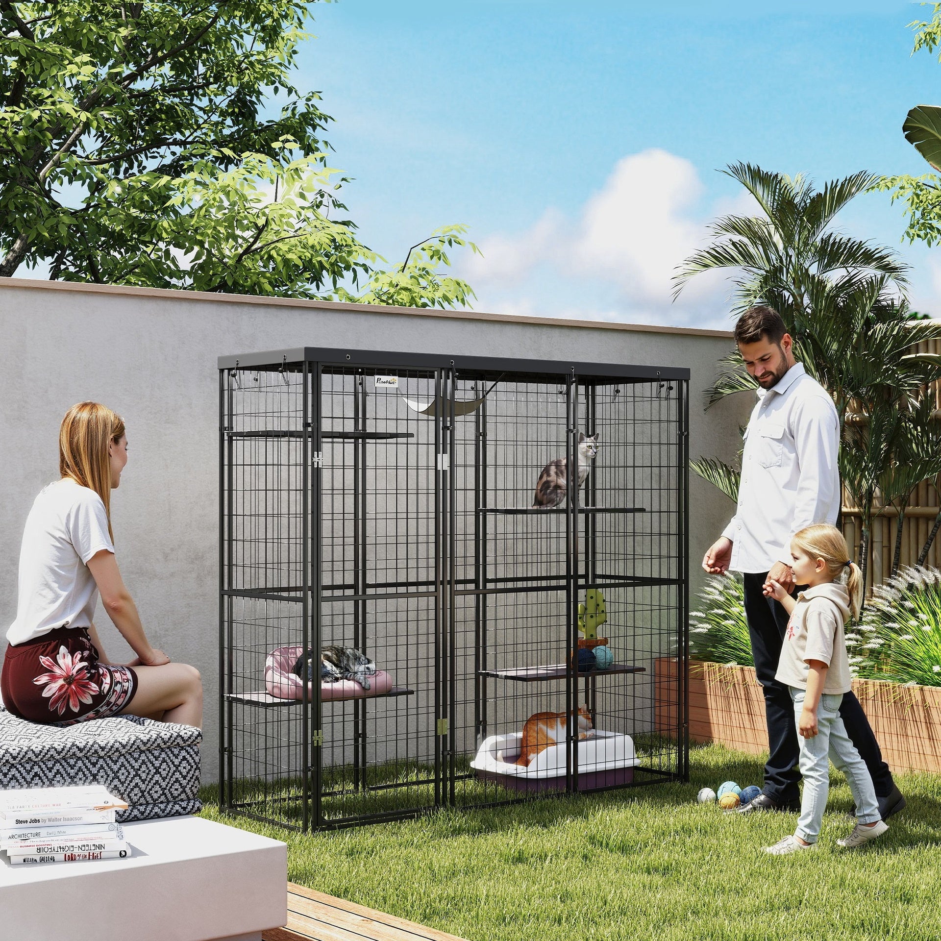 PawHut Weld Wire Catio Outdoor Indoor with Waterproof Cover, 4 Jumping Platforms, Hammock, for 1-3 Kittens, 69" x 22" x 62"