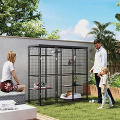 PawHut Weld Wire Catio Outdoor Indoor with Waterproof Cover, 4 Jumping Platforms, Hammock, for 1-3 Kittens, 69" x 22" x 62"