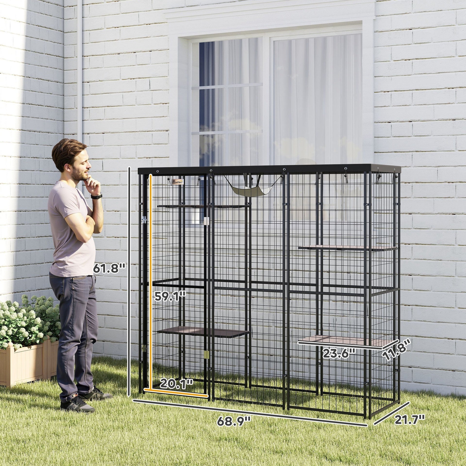 PawHut Weld Wire Catio Outdoor Indoor with Waterproof Cover, 4 Jumping Platforms, Hammock, for 1-3 Kittens, 69" x 22" x 62"
