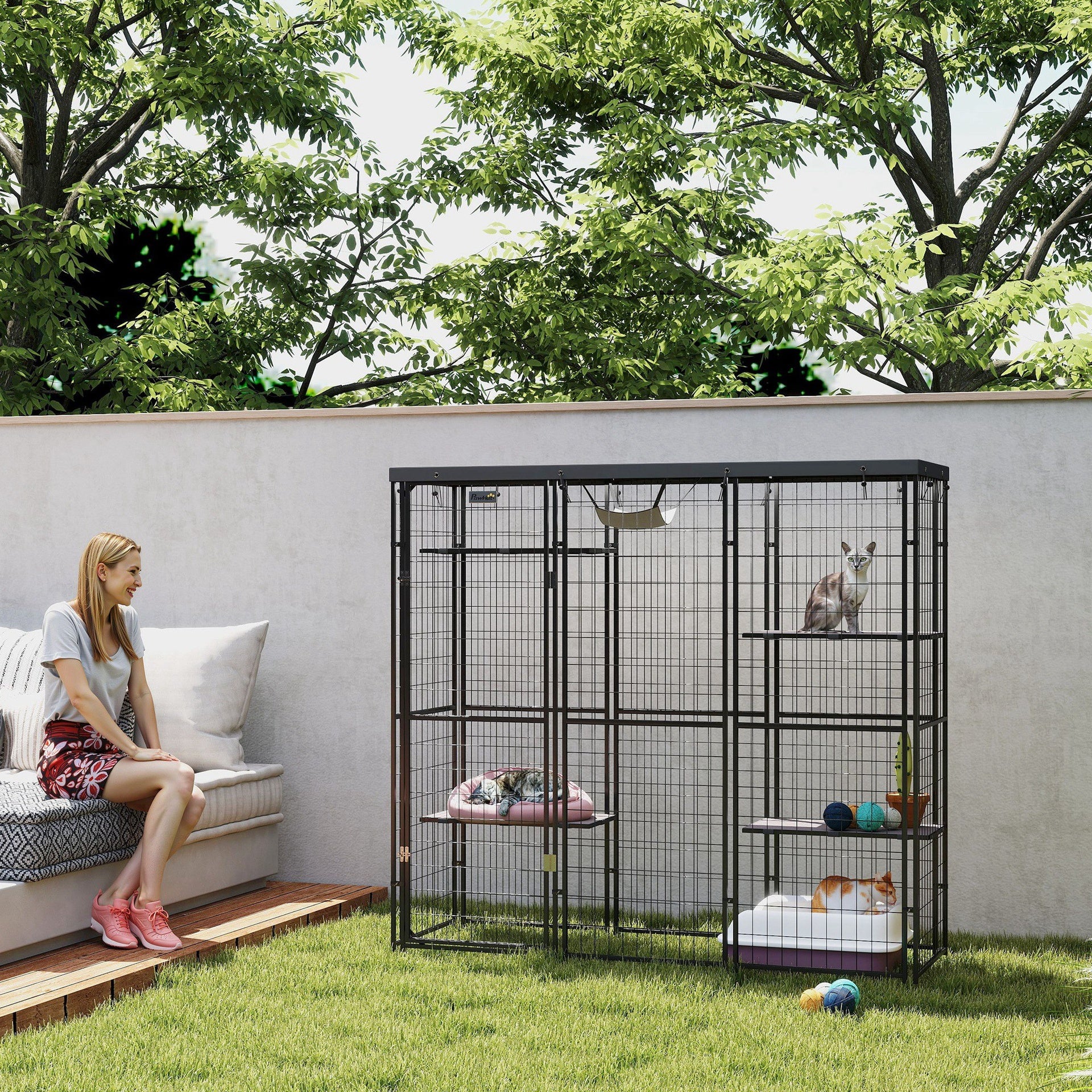 PawHut Weld Wire Catio Outdoor Indoor with Waterproof Cover, 4 Jumping Platforms, Hammock, for 1-3 Kittens, 69" x 22" x 62"