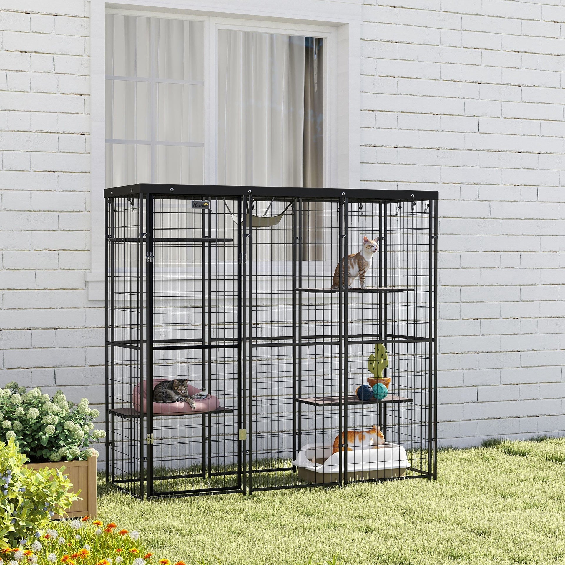 PawHut Weld Wire Catio Outdoor Indoor with Waterproof Cover, 4 Jumping Platforms, Hammock, for 1-3 Kittens, 69" x 22" x 62"