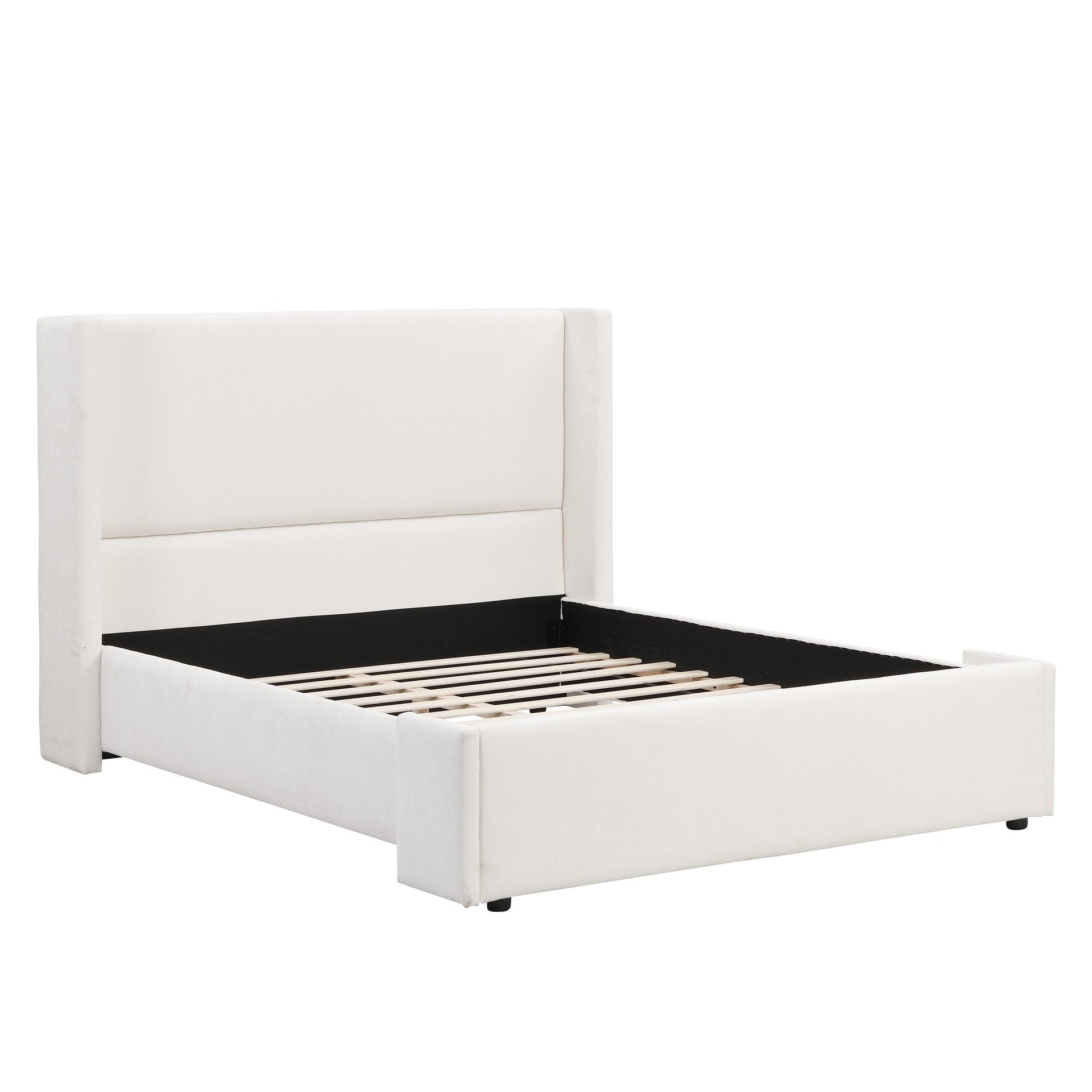 Elegant White Fabric Upholstered Bed with Tall Headboard, White, Queen