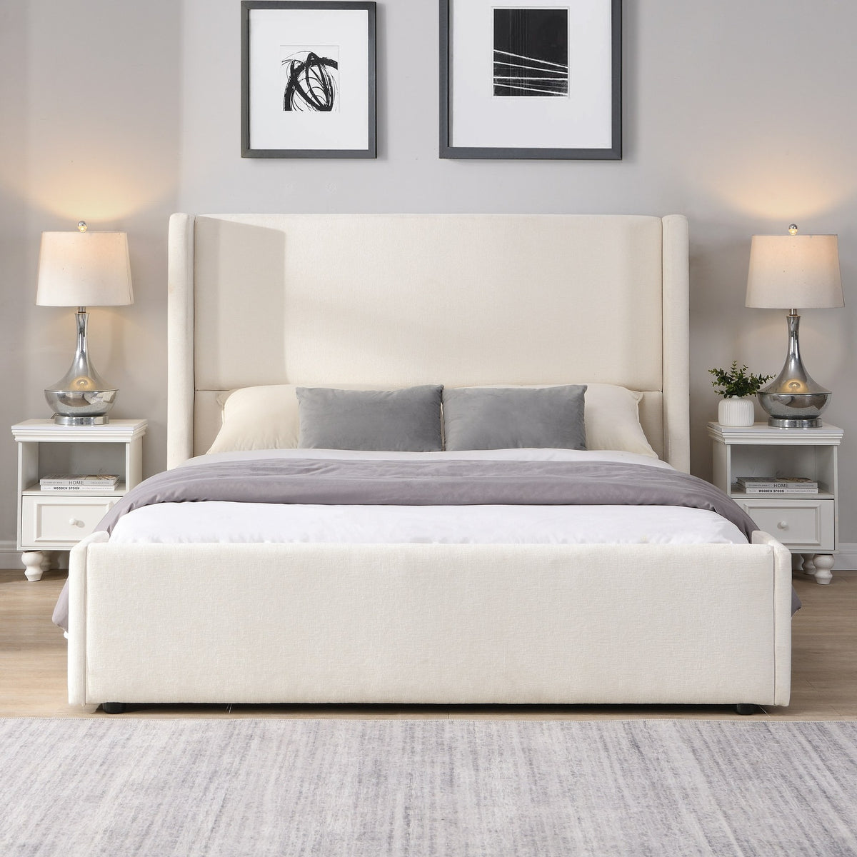Elegant White Fabric Upholstered Bed with Tall Headboard, White, Queen